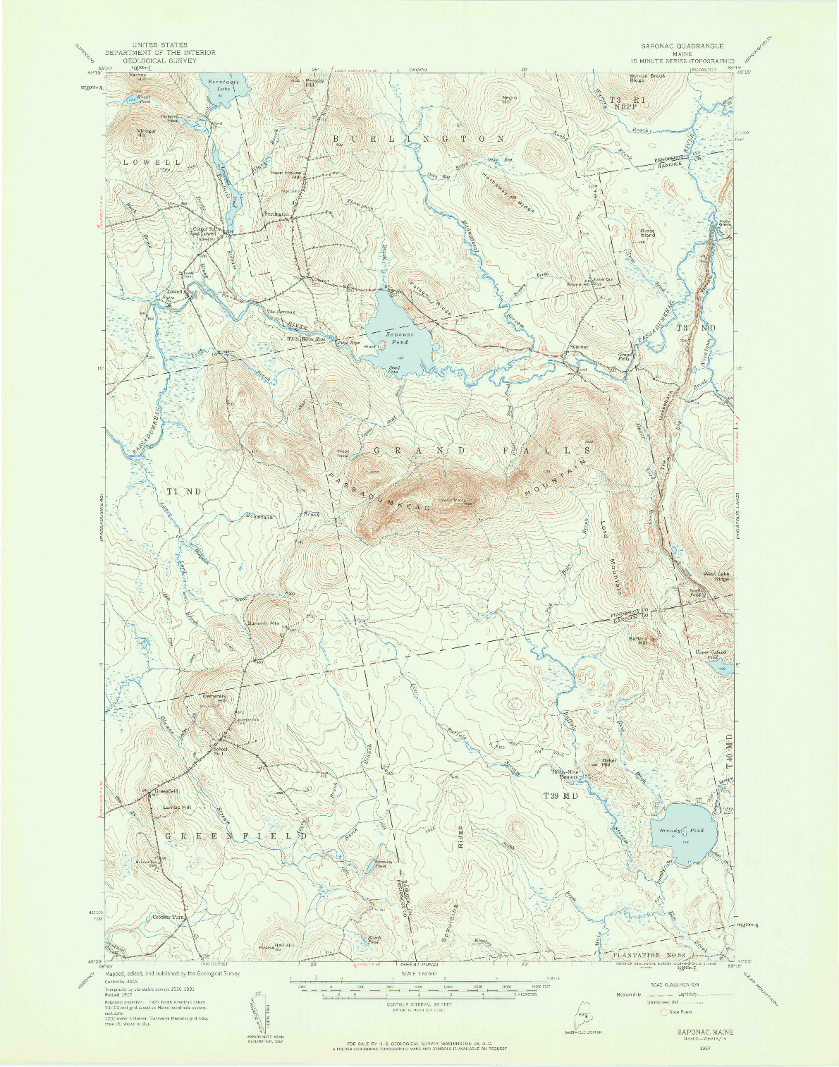 USGS 1:62500-SCALE QUADRANGLE FOR SAPONAC, ME 1957