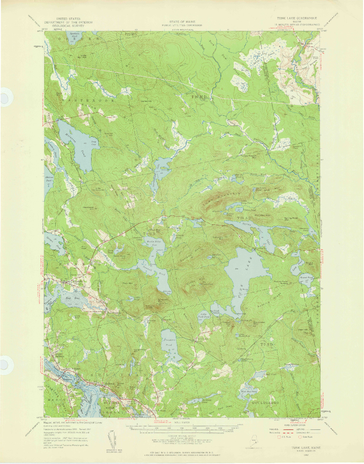 USGS 1:62500-SCALE QUADRANGLE FOR TUNK LAKE, ME 1957