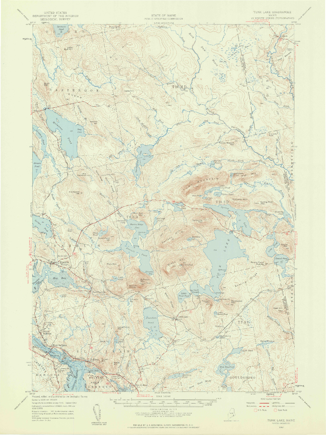 USGS 1:62500-SCALE QUADRANGLE FOR TUNK LAKE, ME 1957