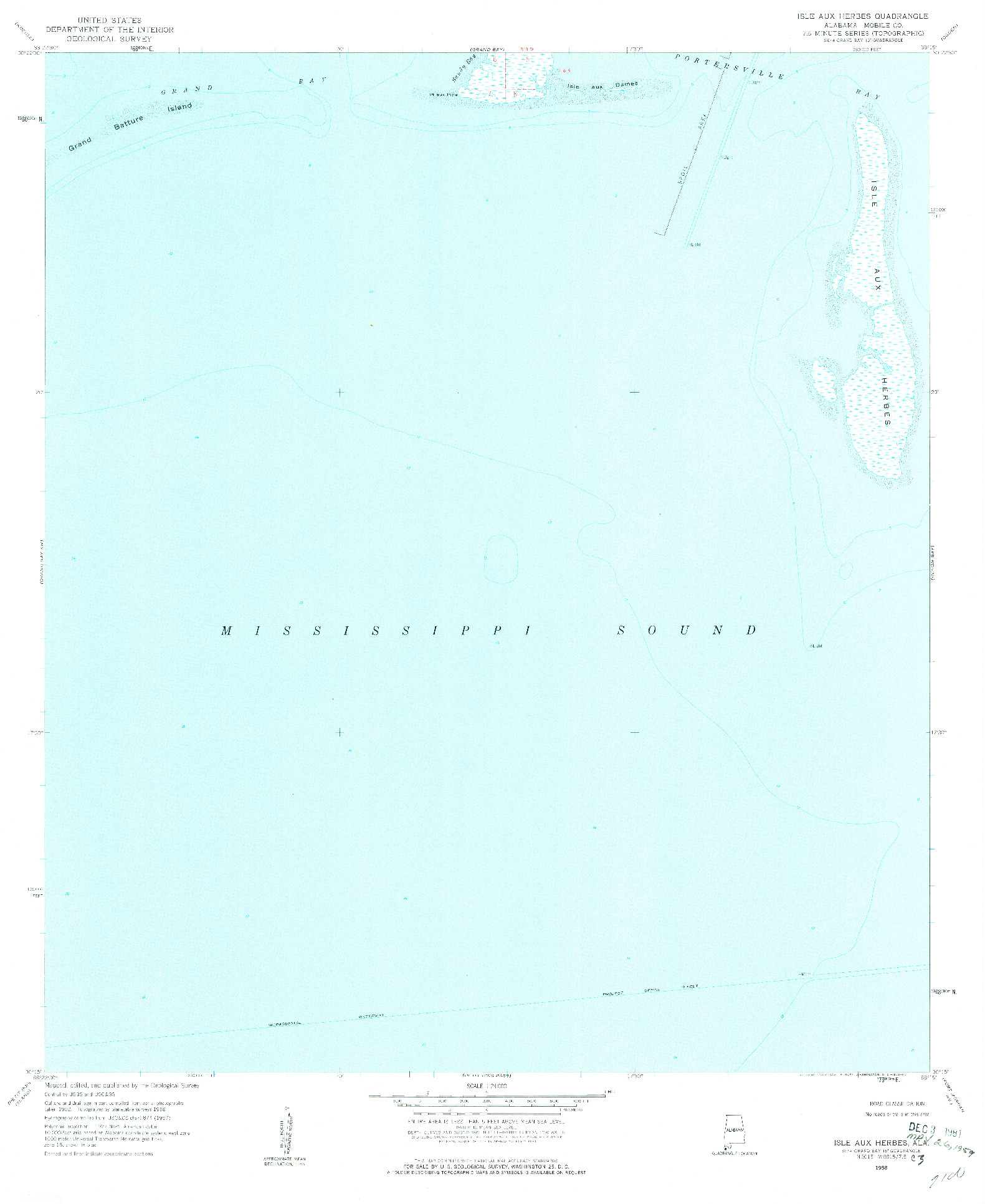 USGS 1:24000-SCALE QUADRANGLE FOR ISLE AUX HERBES, AL 1958