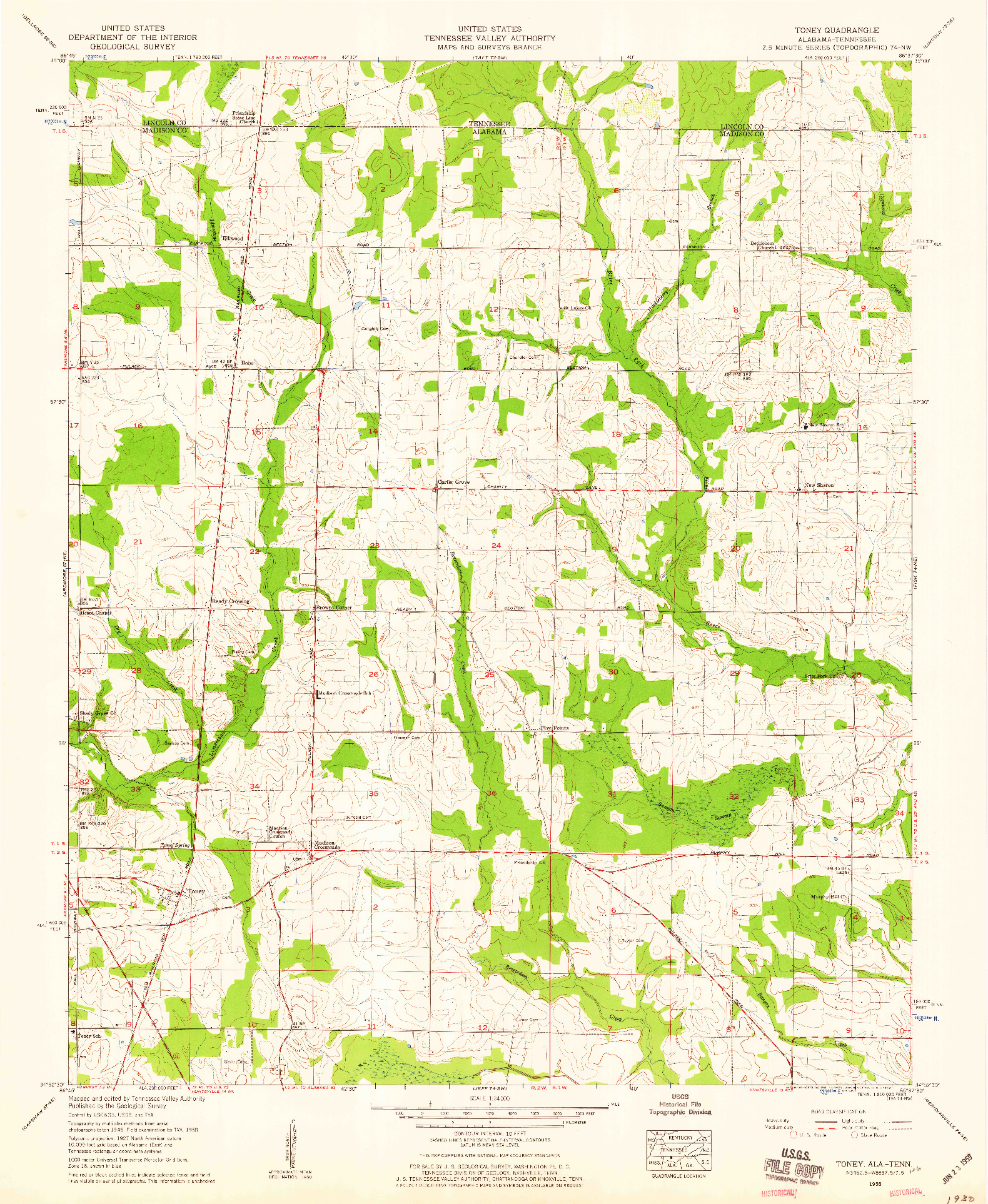 USGS 1:24000-SCALE QUADRANGLE FOR TONEY, AL 1958