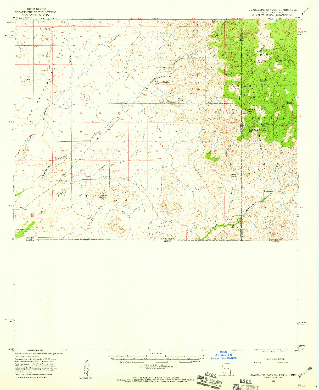 USGS 1:62500-SCALE QUADRANGLE FOR GUADALUPE CANYON, AZ 1958