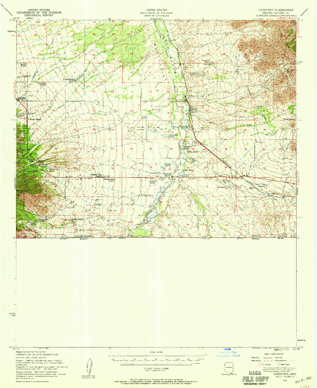 USGS 1:62500-SCALE QUADRANGLE FOR HEREFORD, AZ 1952