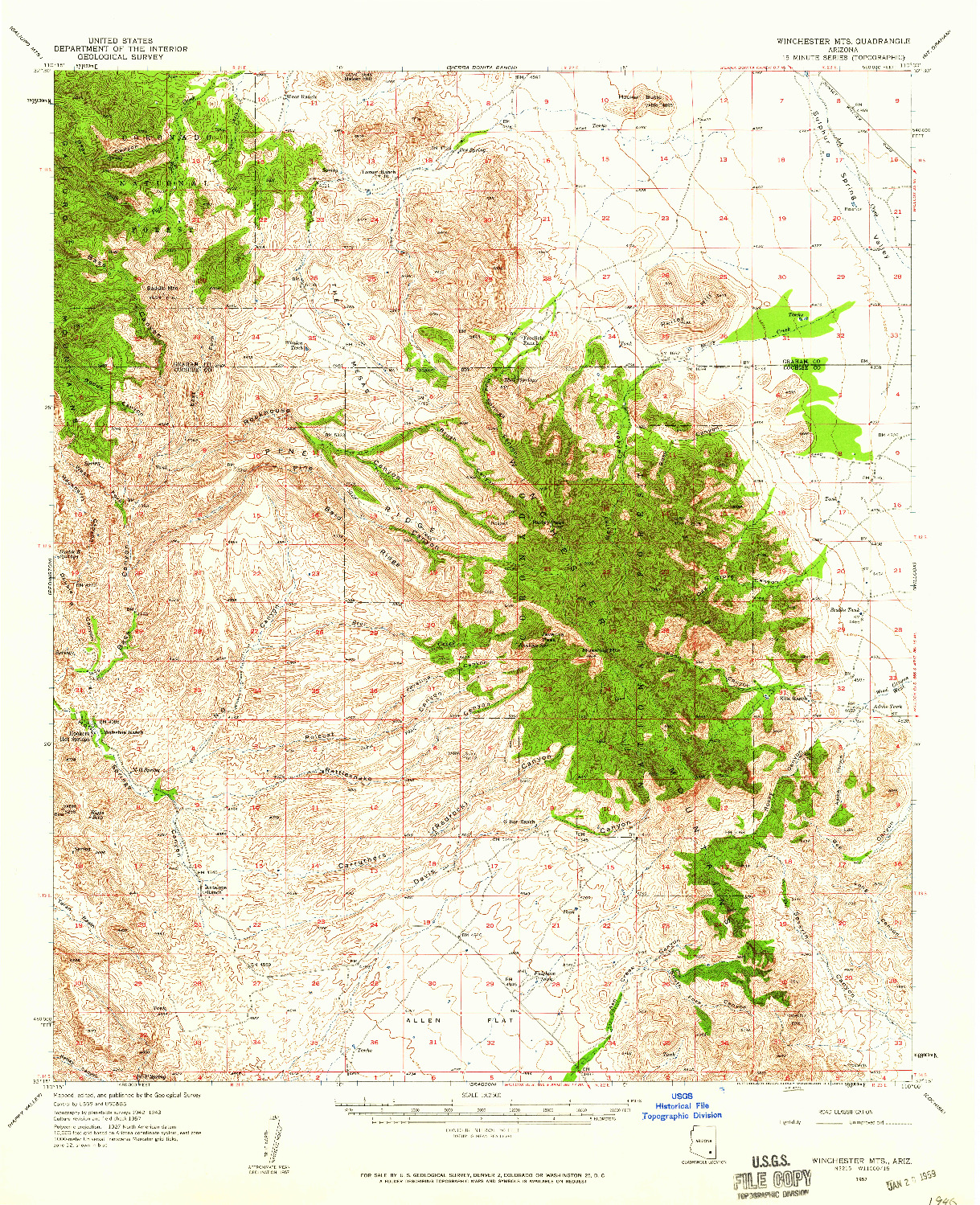 USGS 1:62500-SCALE QUADRANGLE FOR WINCHESTER MTS., AZ 1957