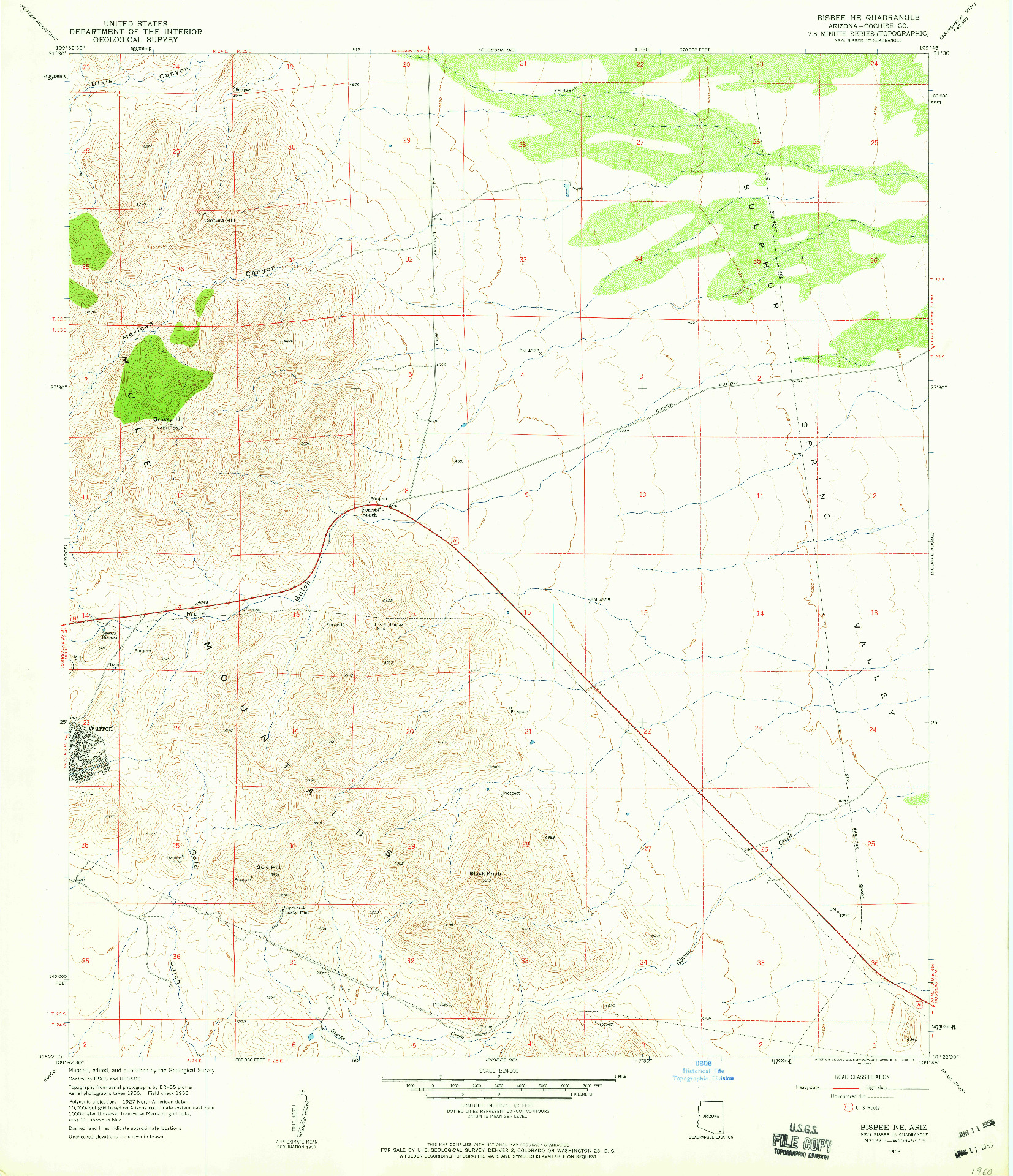 USGS 1:24000-SCALE QUADRANGLE FOR BISBEE NE, AZ 1958