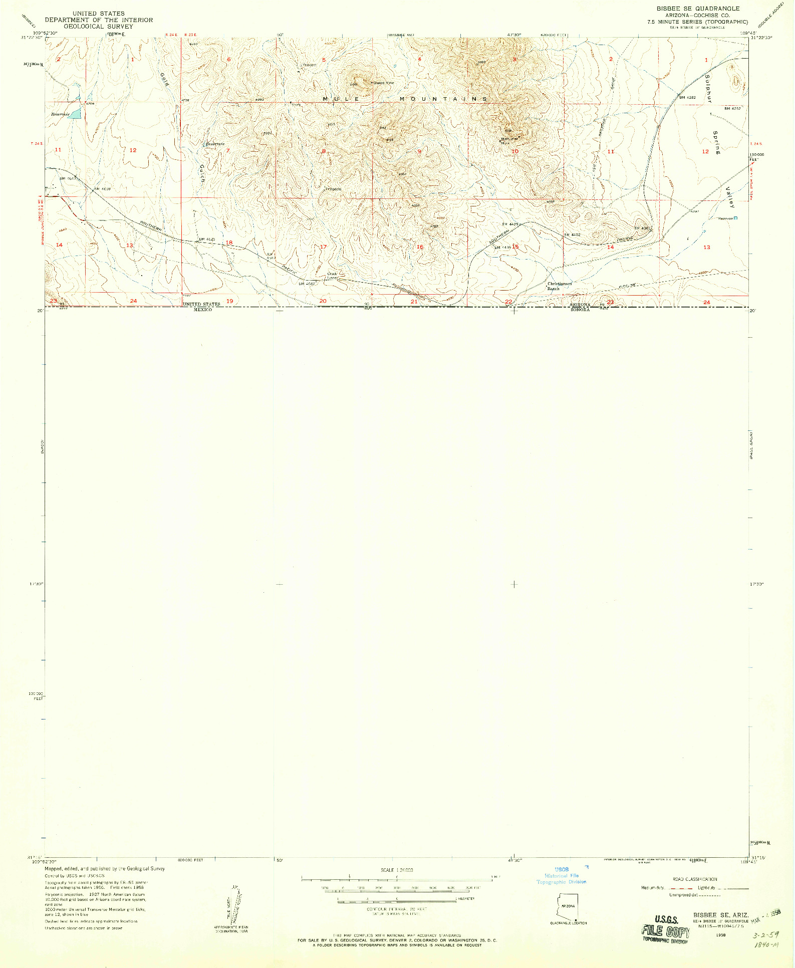 USGS 1:24000-SCALE QUADRANGLE FOR BISBEE SE, AZ 1958