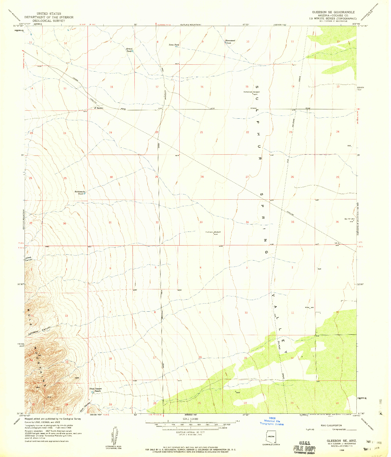 USGS 1:24000-SCALE QUADRANGLE FOR GLEESON SE, AZ 1958