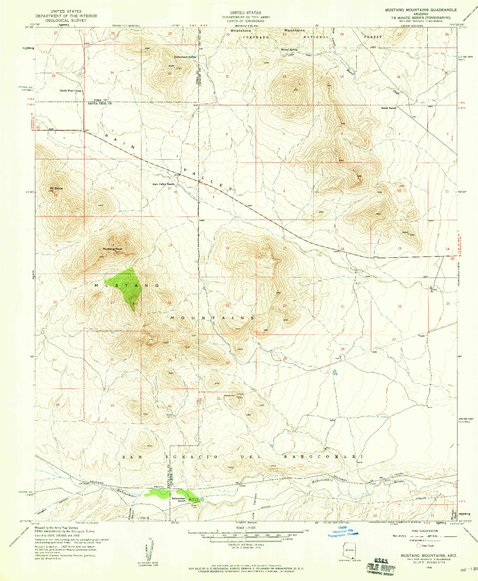 USGS 1:24000-SCALE QUADRANGLE FOR MUSTANG MOUNTAINS, AZ 1958