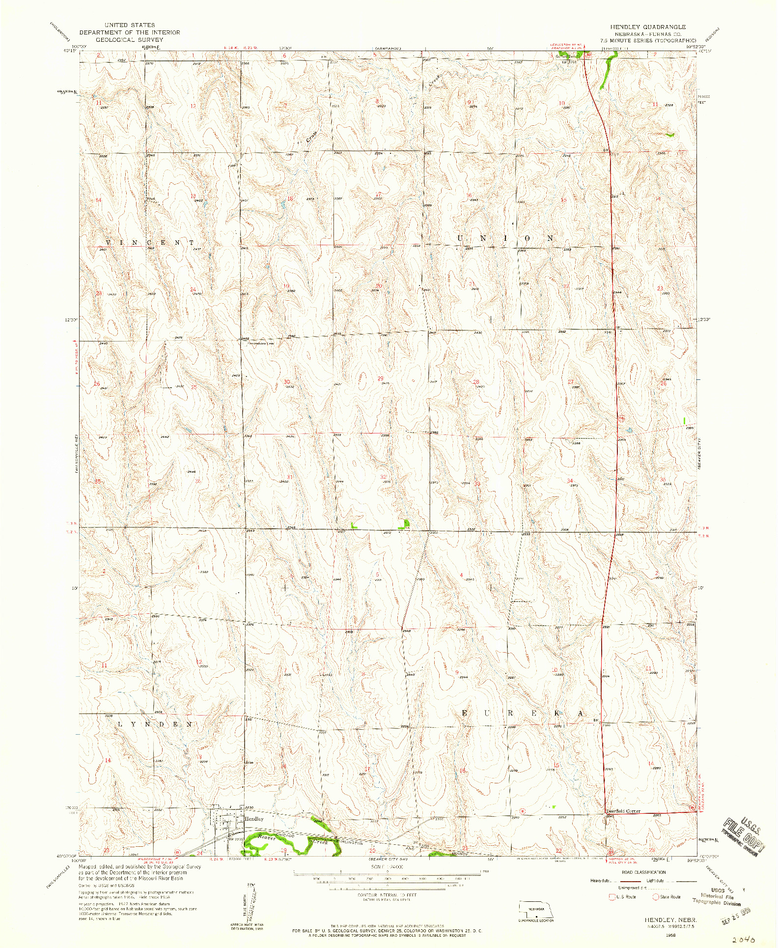 USGS 1:24000-SCALE QUADRANGLE FOR HENDLEY, NE 1958