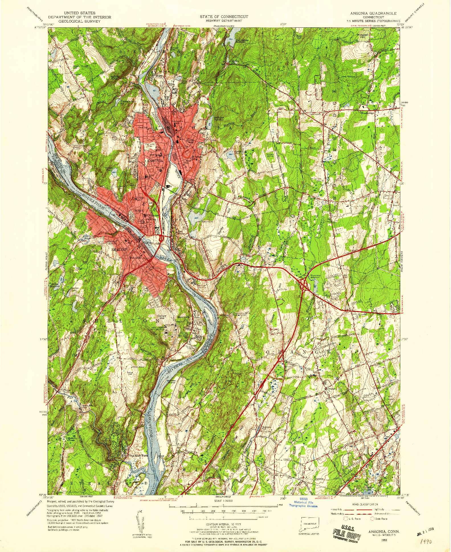 USGS 1:24000-SCALE QUADRANGLE FOR ANSONIA, CT 1953