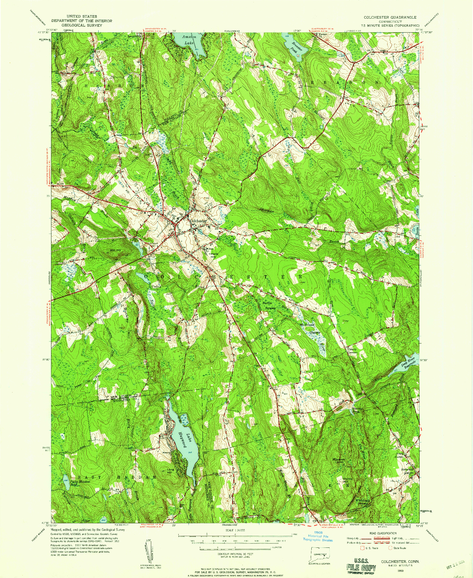 USGS 1:24000-SCALE QUADRANGLE FOR COLCHESTER, CT 1953