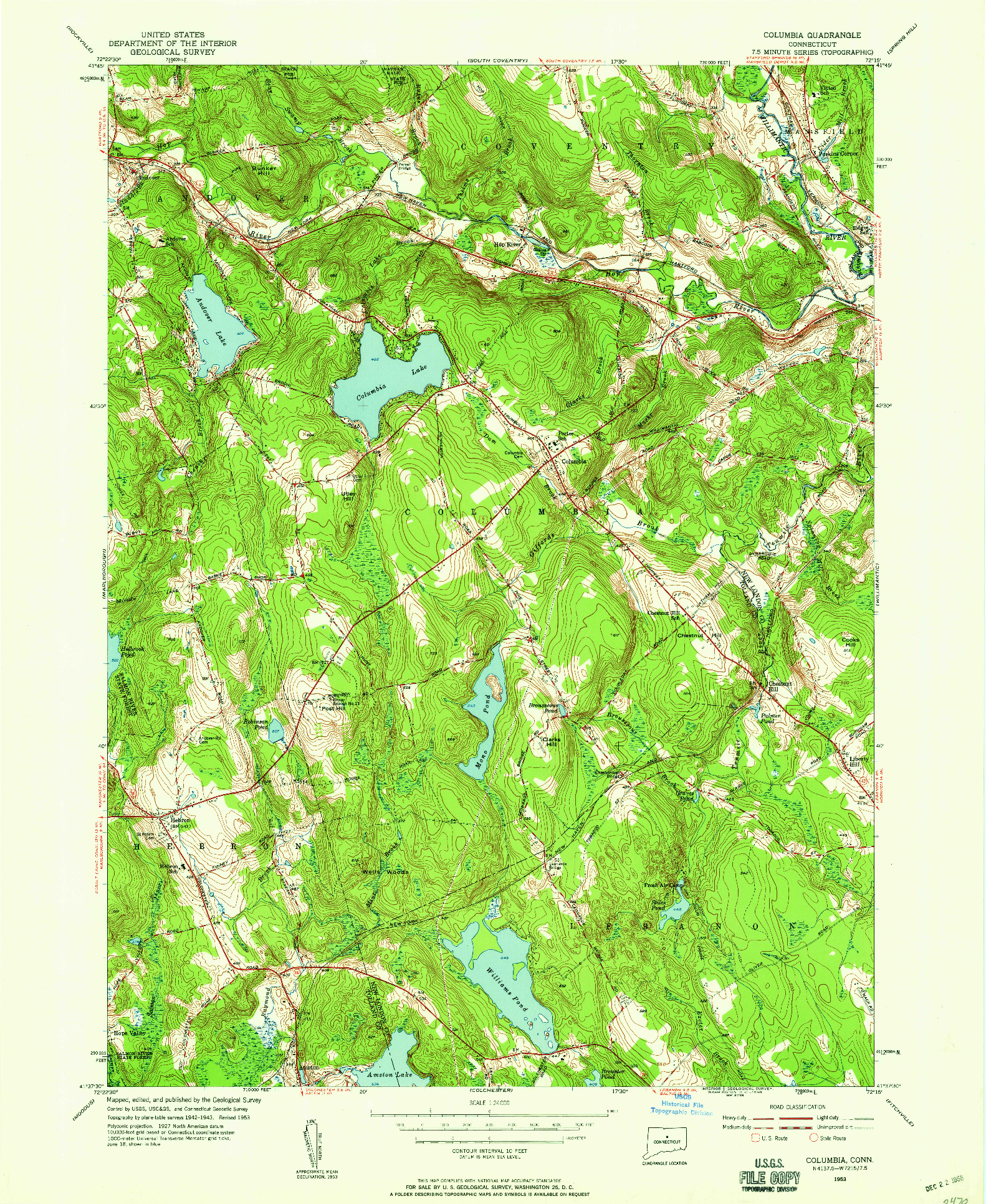 USGS 1:24000-SCALE QUADRANGLE FOR COLUMBIA, CT 1953