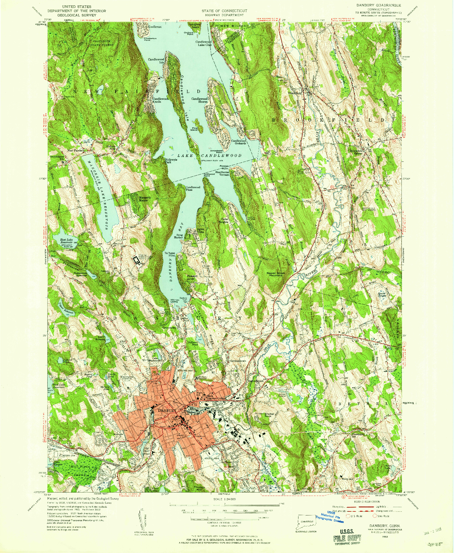 USGS 1:24000-SCALE QUADRANGLE FOR DANBURY, CT 1953