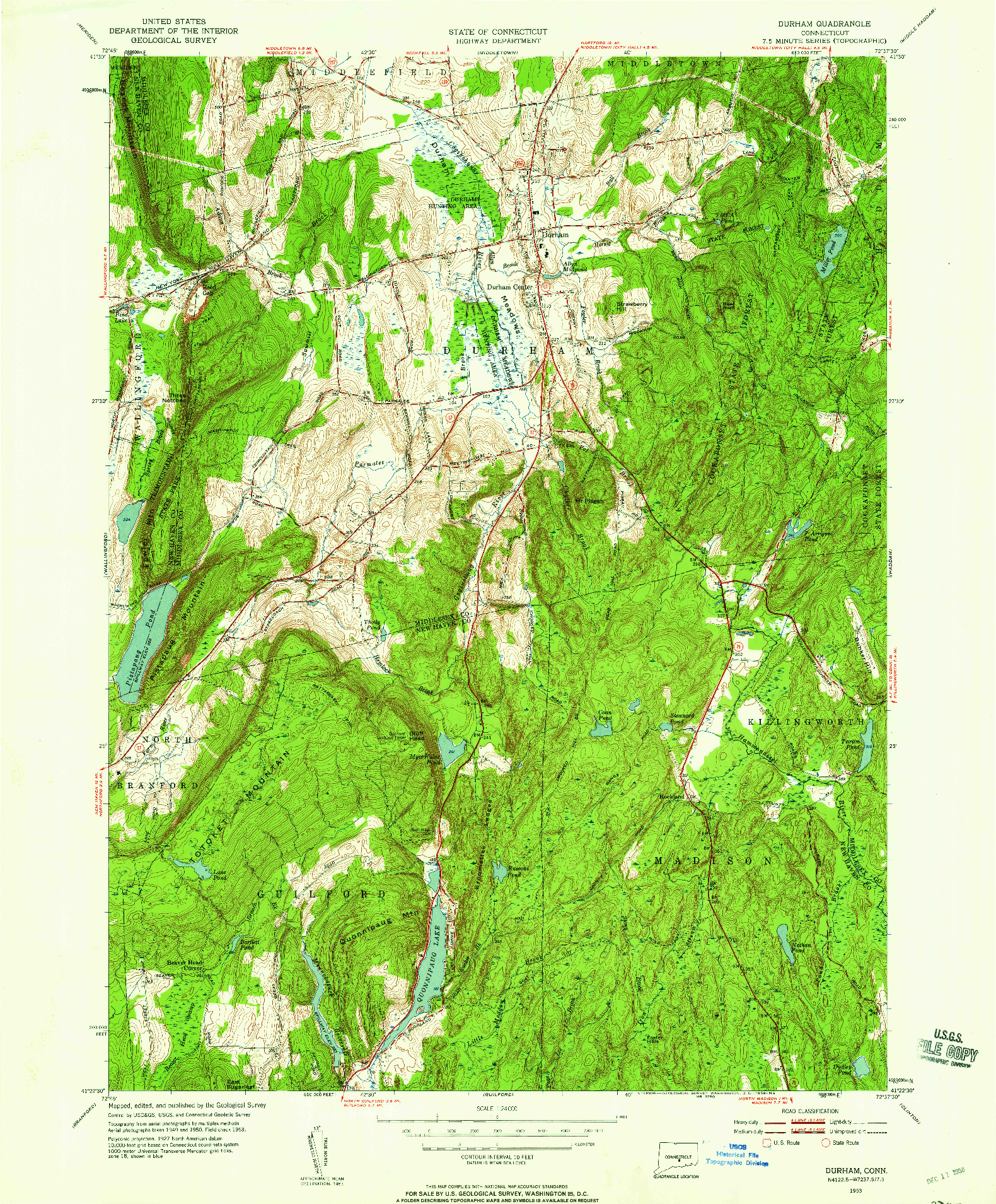 USGS 1:24000-SCALE QUADRANGLE FOR DURHAM, CT 1953