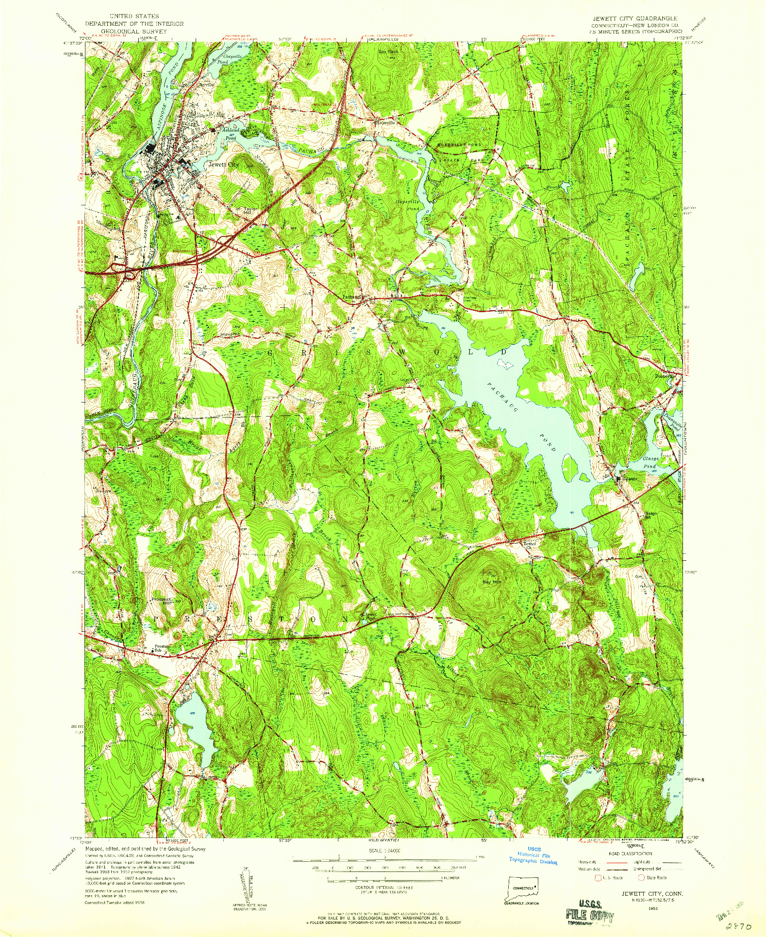 USGS 1:24000-SCALE QUADRANGLE FOR JEWETT CITY, CT 1953