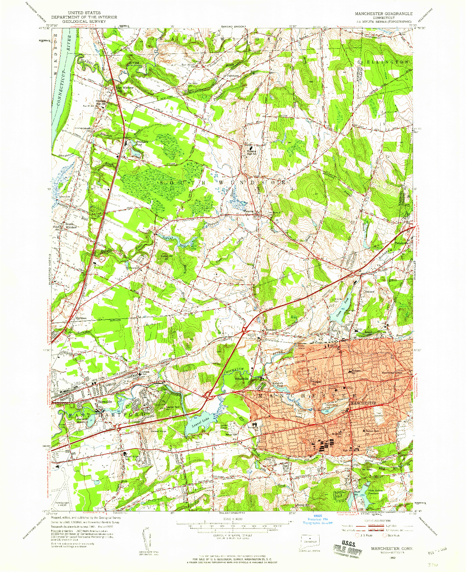 USGS 1:24000-SCALE QUADRANGLE FOR MANCHESTER, CT 1952