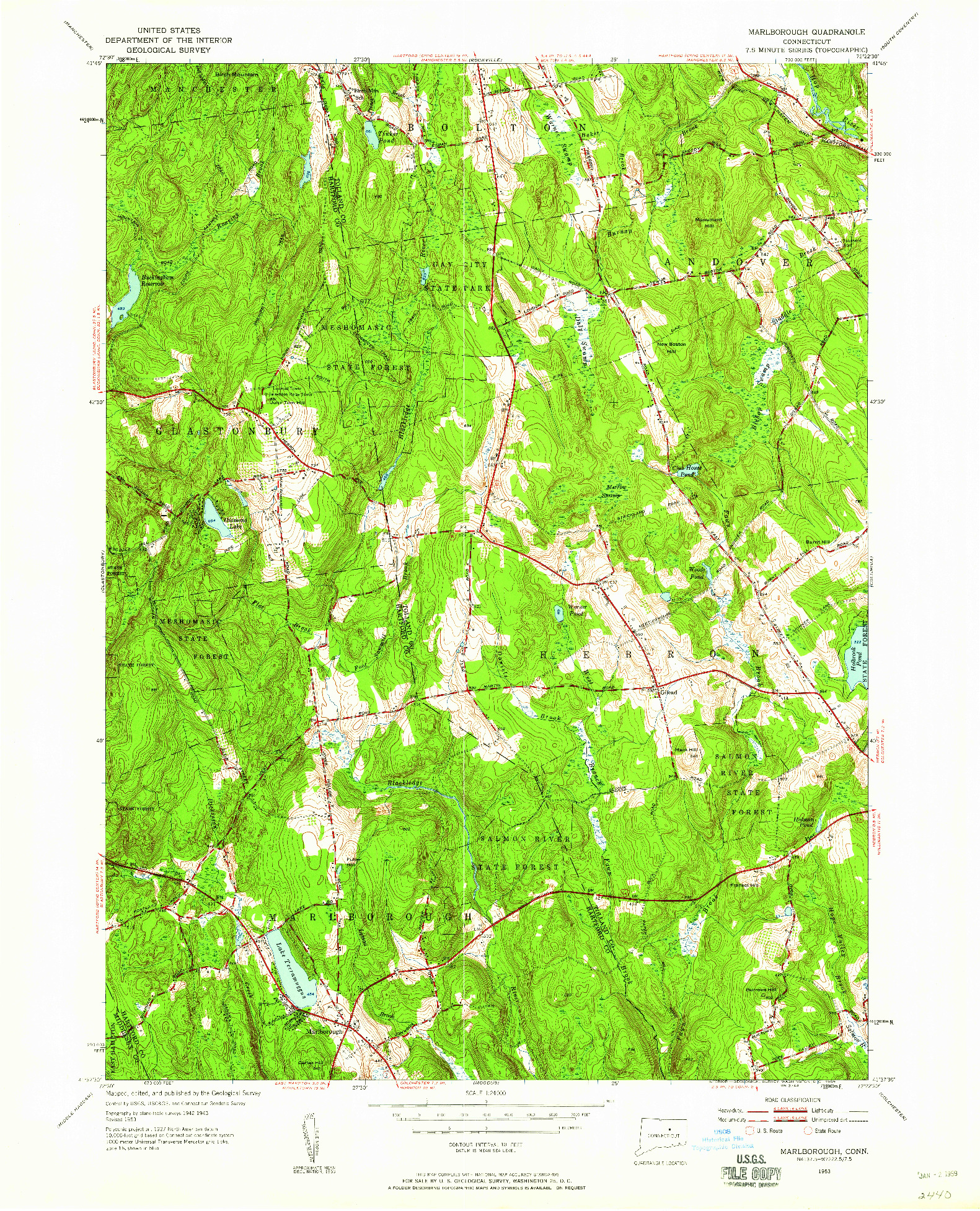 USGS 1:24000-SCALE QUADRANGLE FOR MARLBOROUGH, CT 1953