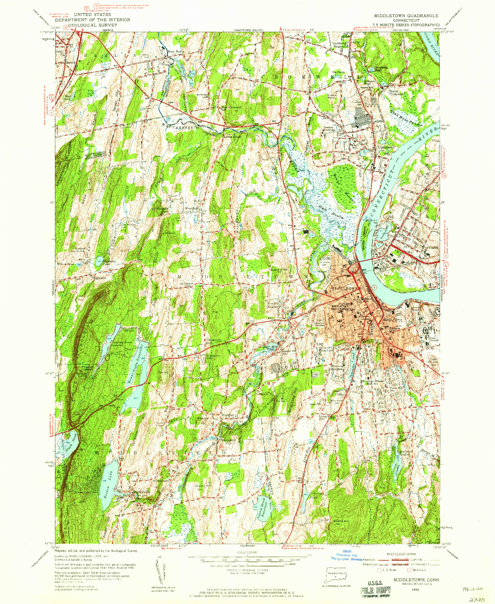 USGS 1:24000-SCALE QUADRANGLE FOR MIDDLETOWN, CT 1952