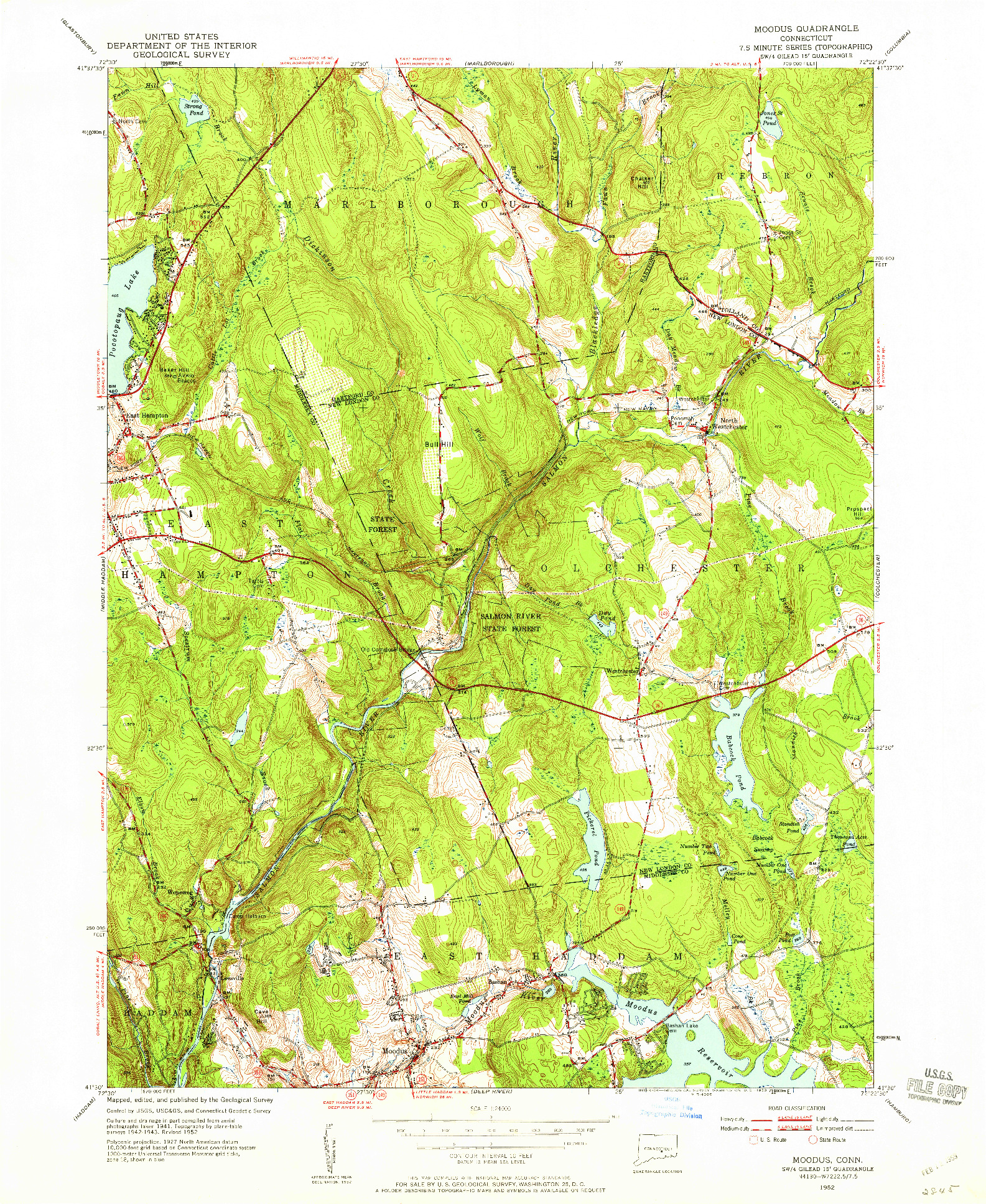 USGS 1:24000-SCALE QUADRANGLE FOR MOODUS, CT 1952