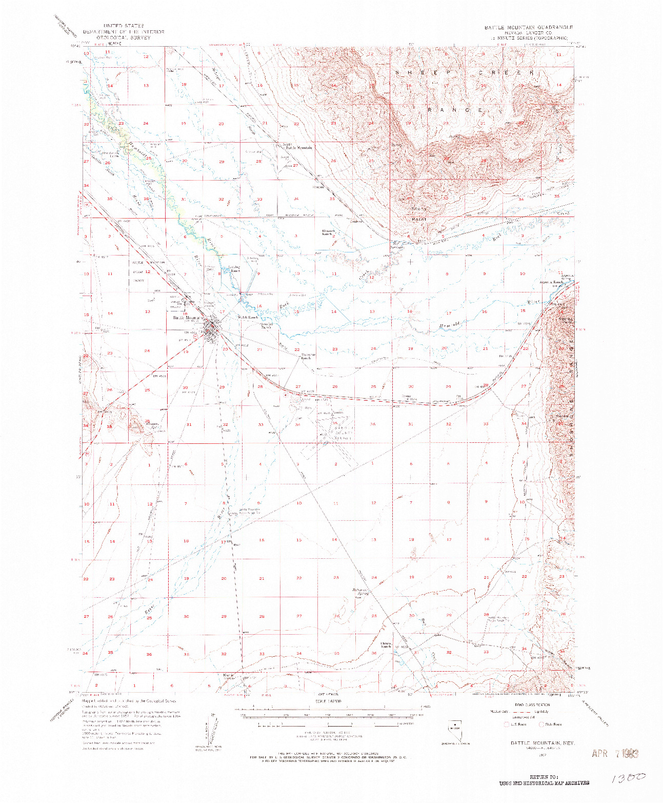 USGS 1:62500-SCALE QUADRANGLE FOR BATTLE MOUNTAIN, NV 1957