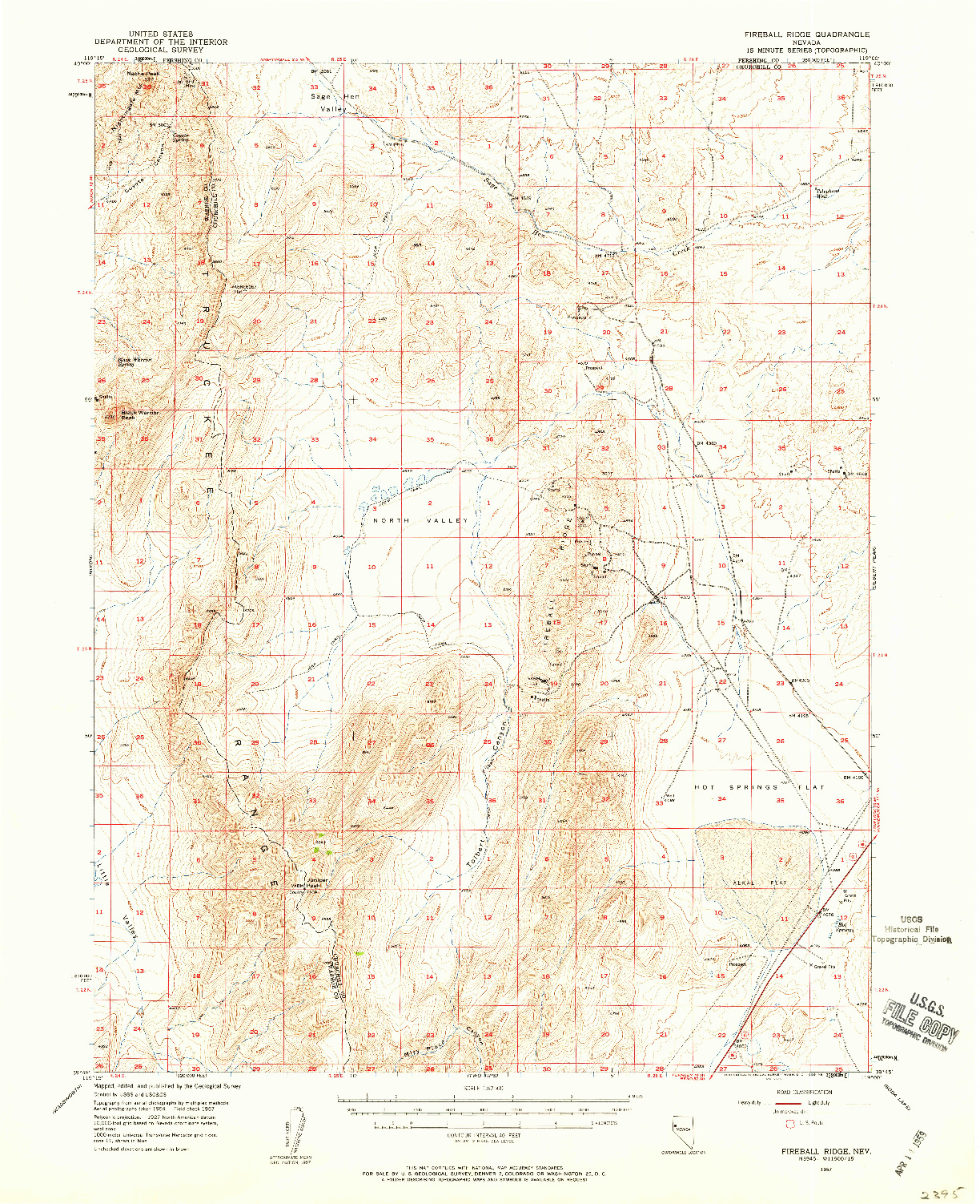USGS 1:62500-SCALE QUADRANGLE FOR FIREBALL RIDGE, NV 1957