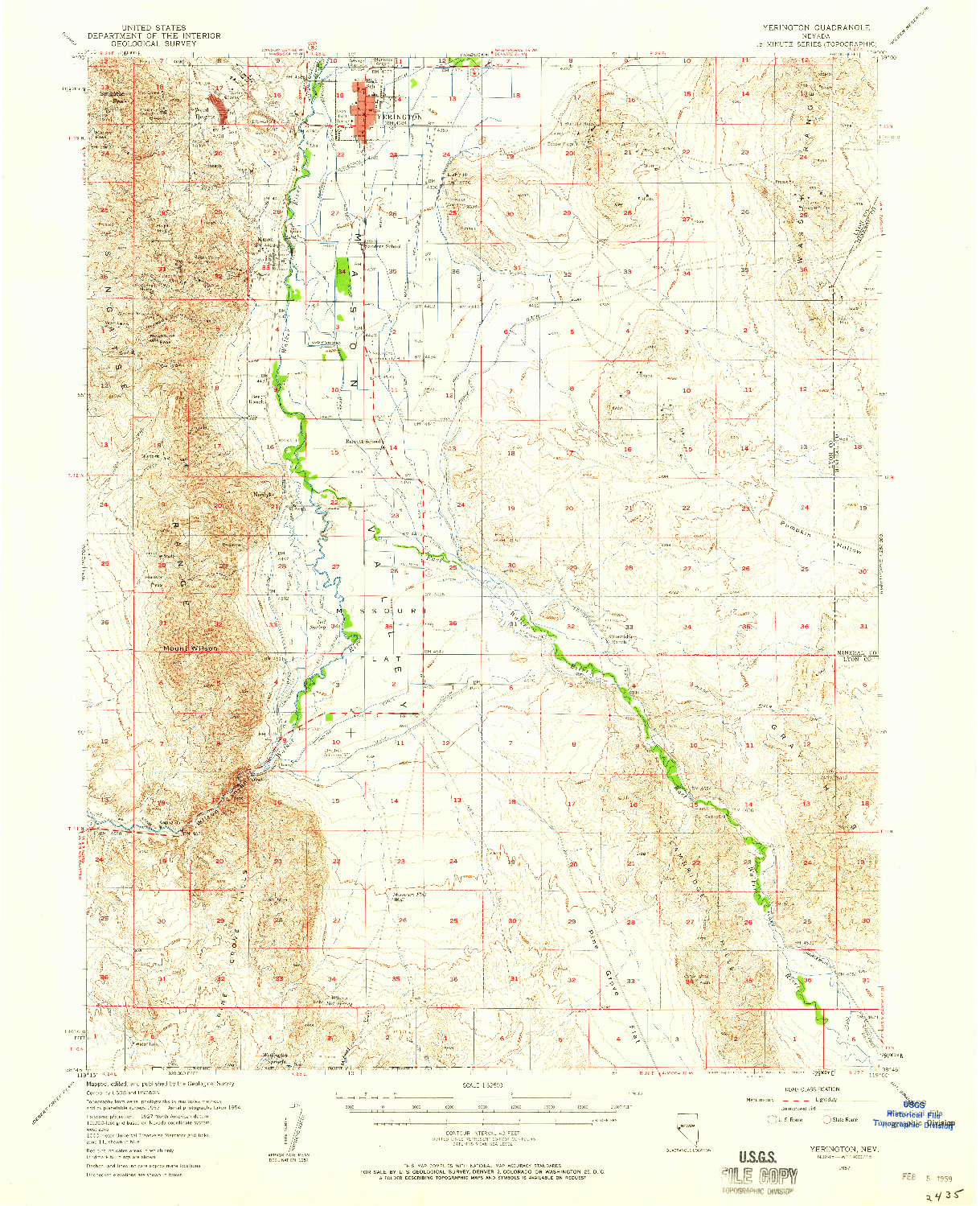 USGS 1:62500-SCALE QUADRANGLE FOR YERINGTON, NV 1957