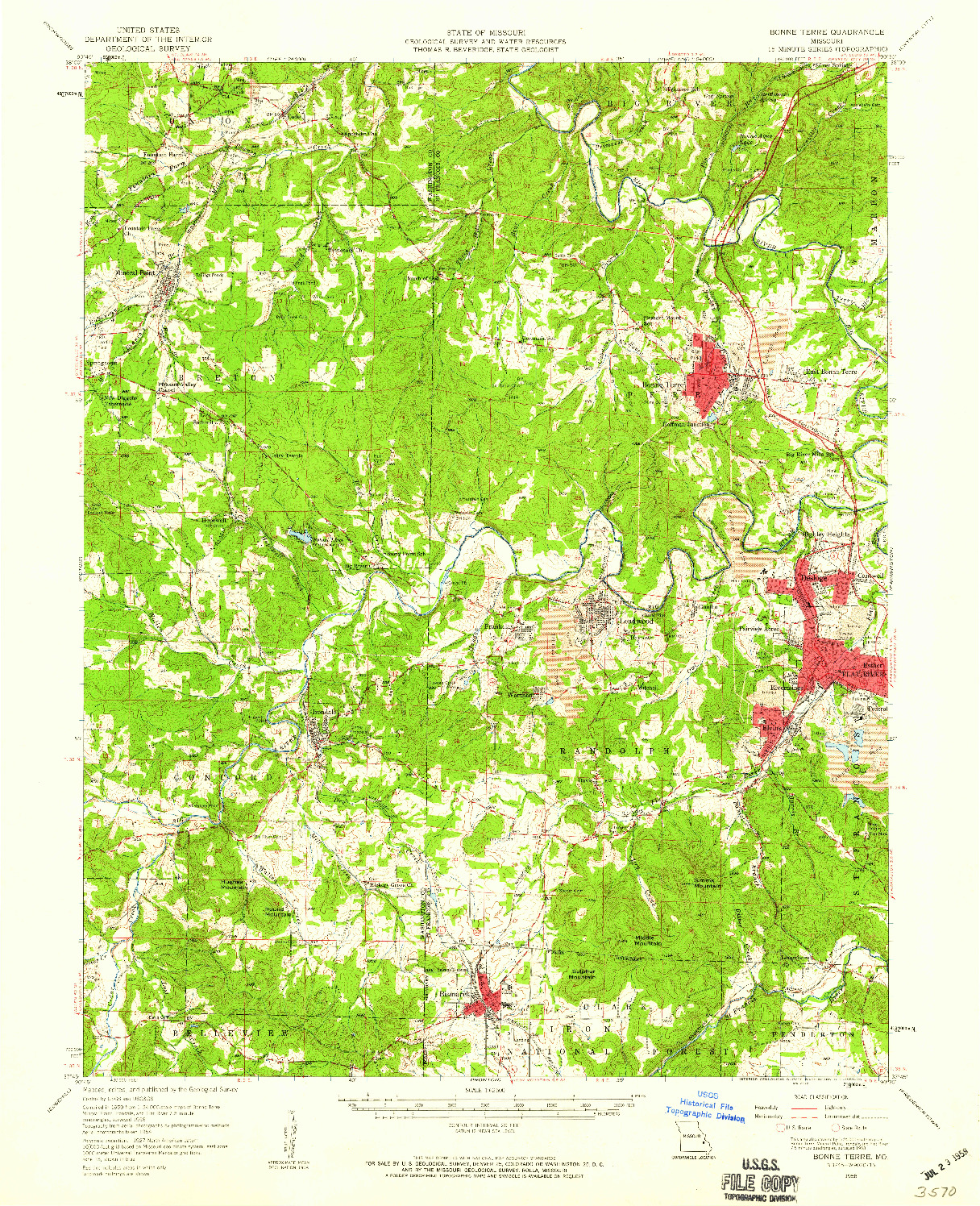 USGS 1:62500-SCALE QUADRANGLE FOR BONNE TERRE, MO 1958