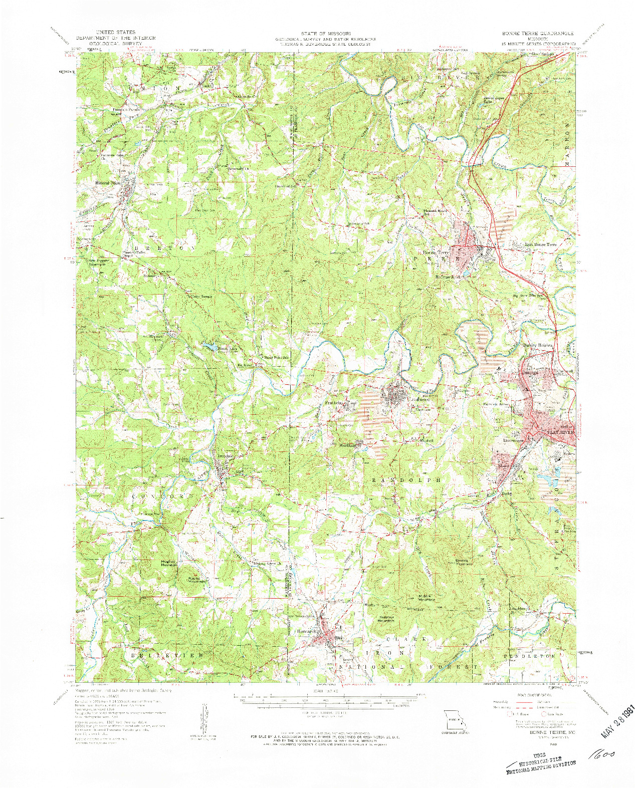 USGS 1:62500-SCALE QUADRANGLE FOR BONNE TERRE, MO 1958