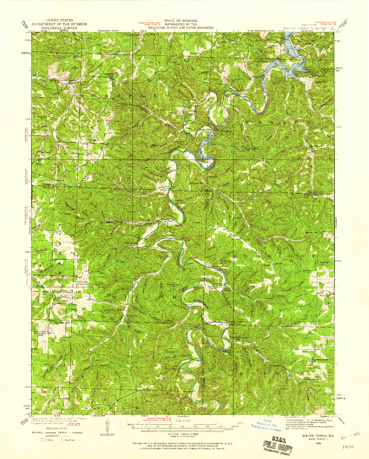 USGS 1:62500-SCALE QUADRANGLE FOR MACKS CREEK, MO 1934