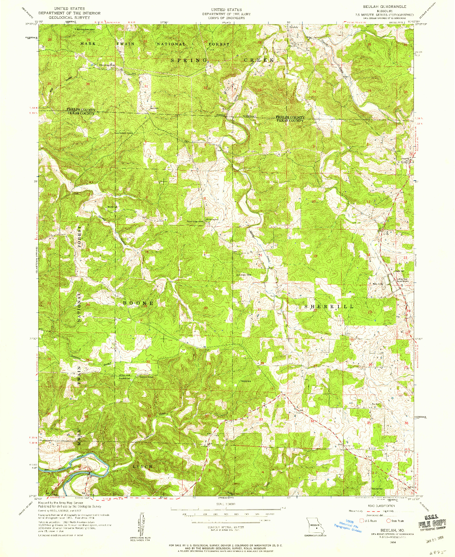 USGS 1:24000-SCALE QUADRANGLE FOR BEULAH, MO 1954