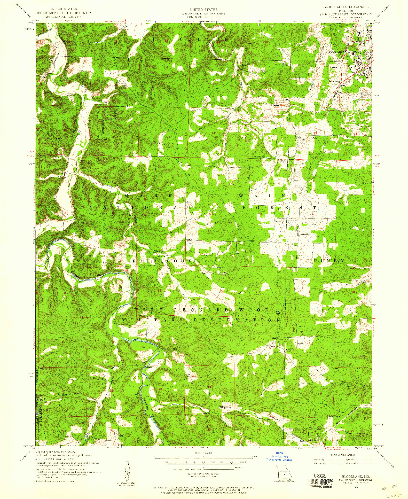 USGS 1:24000-SCALE QUADRANGLE FOR BLOODLAND, MO 1954