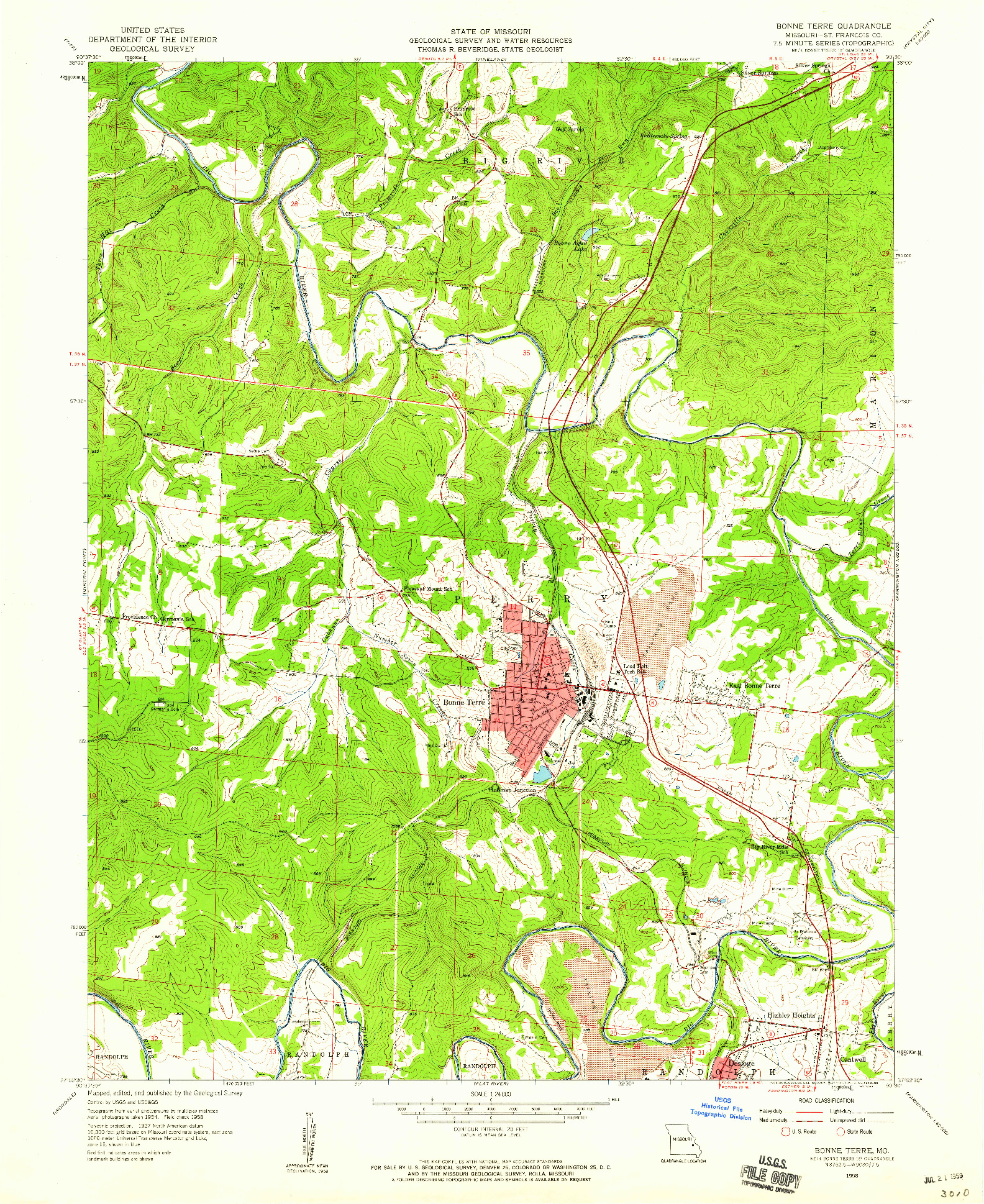 USGS 1:24000-SCALE QUADRANGLE FOR BONNE TERRE, MO 1958