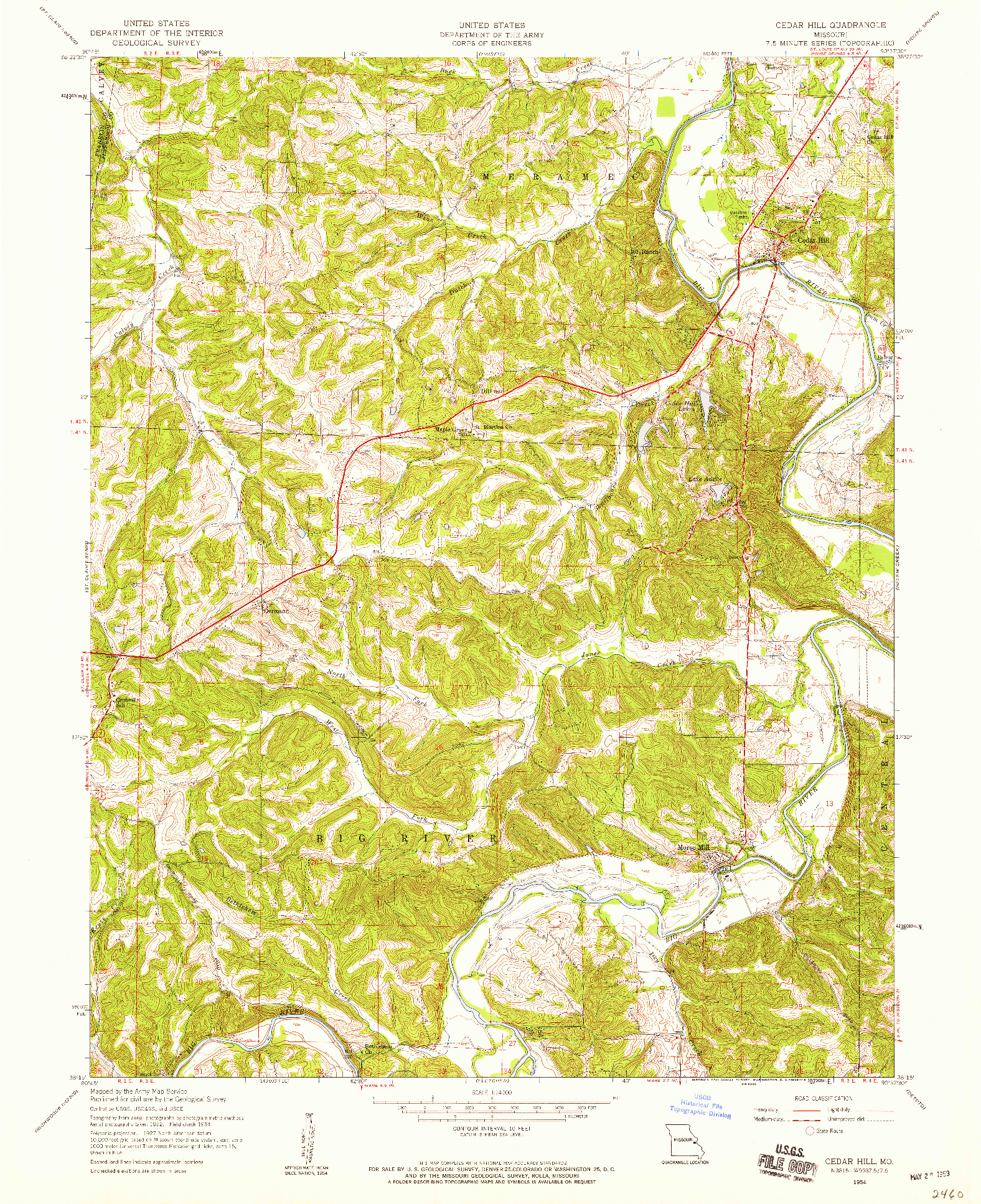 USGS 1:24000-SCALE QUADRANGLE FOR CEDAR HILL, MO 1954