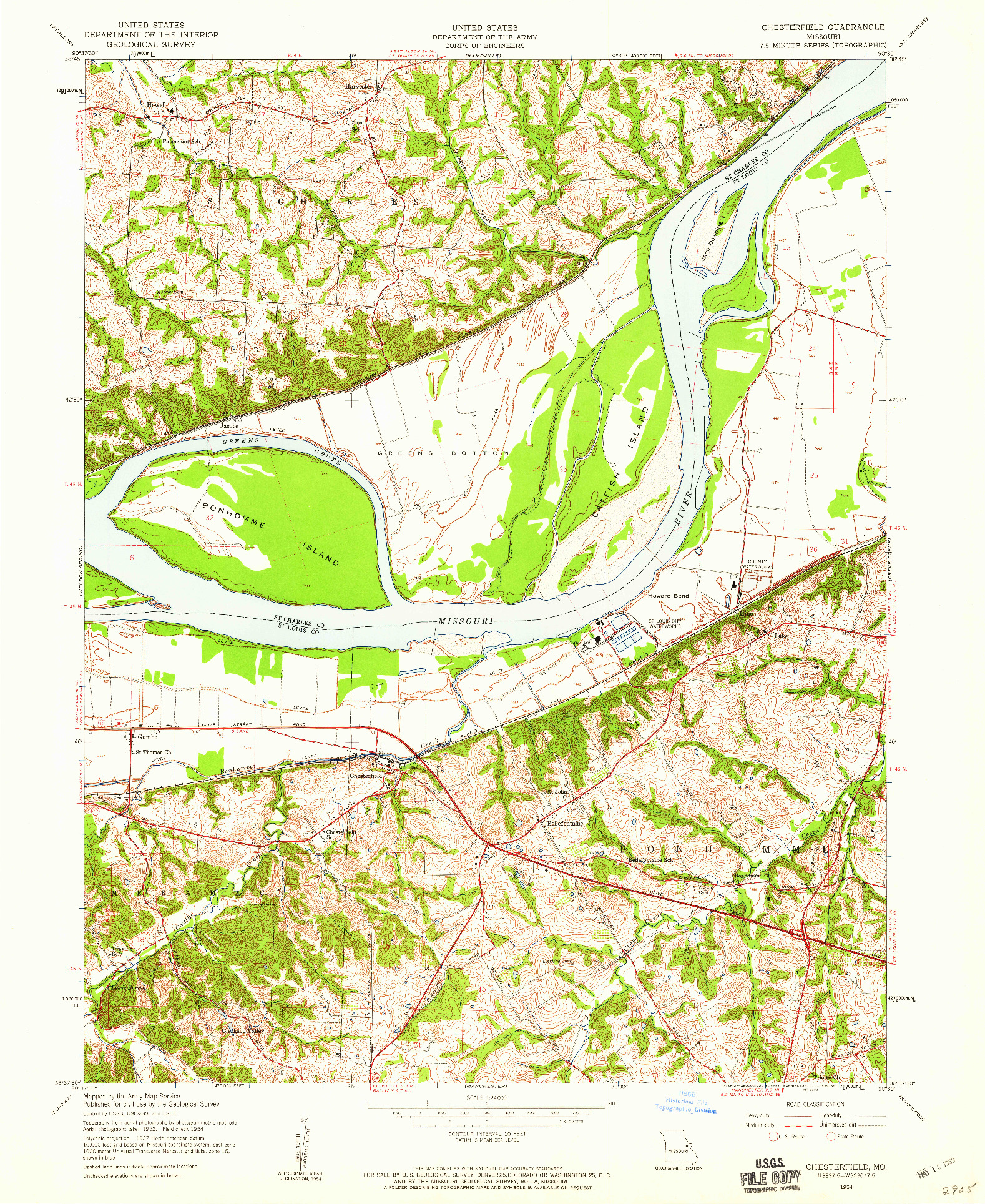 USGS 1:24000-SCALE QUADRANGLE FOR CHESTERFIELD, MO 1954