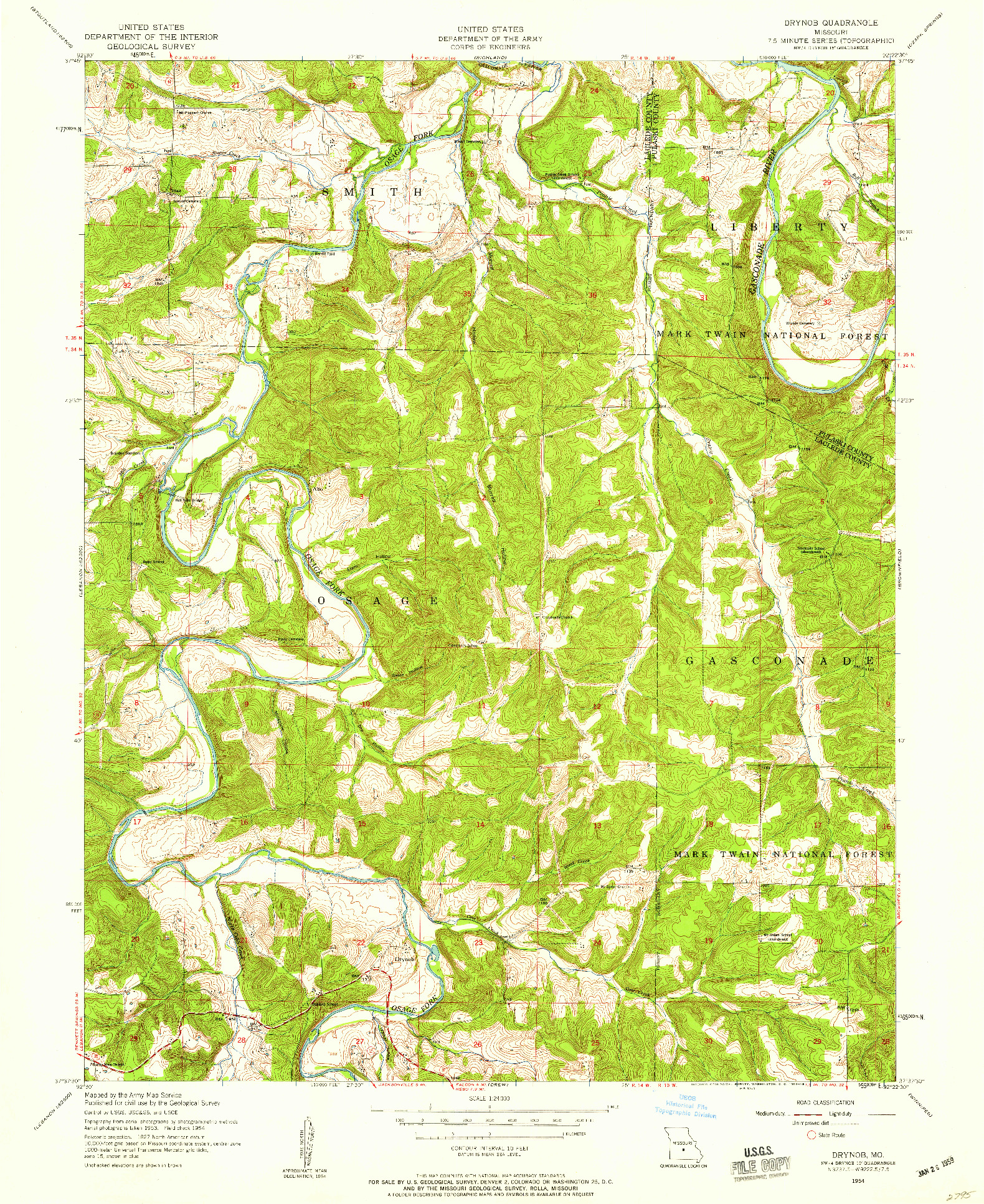 USGS 1:24000-SCALE QUADRANGLE FOR DRYNOB, MO 1954