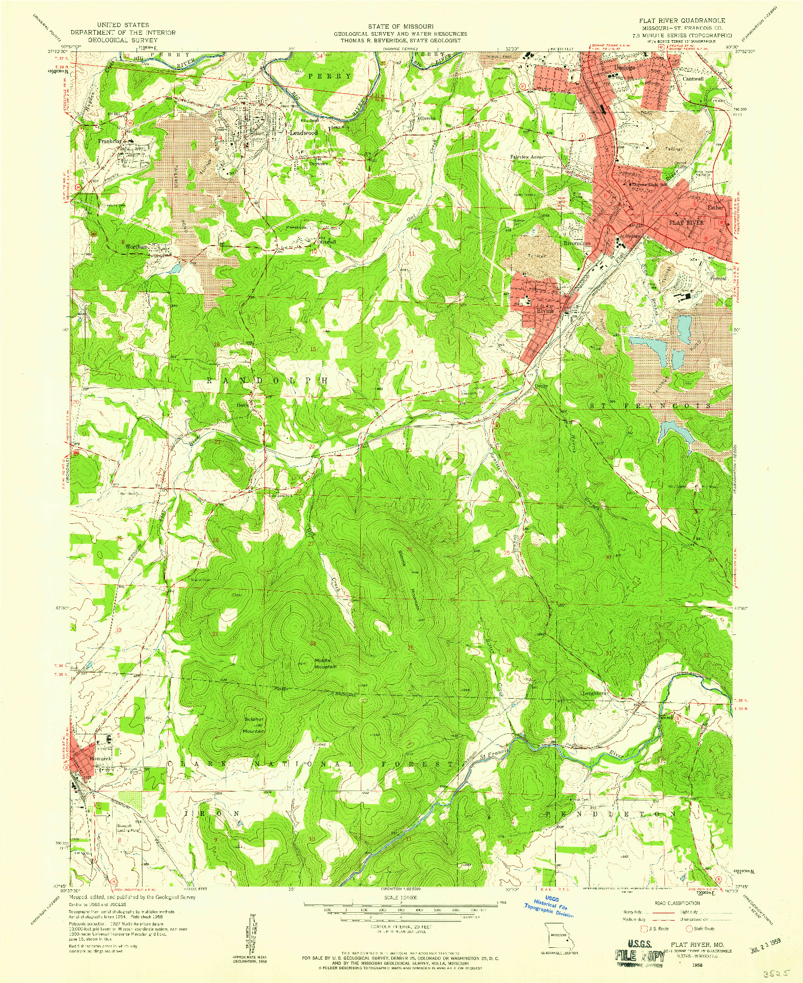 USGS 1:24000-SCALE QUADRANGLE FOR FLAT RIVER, MO 1958