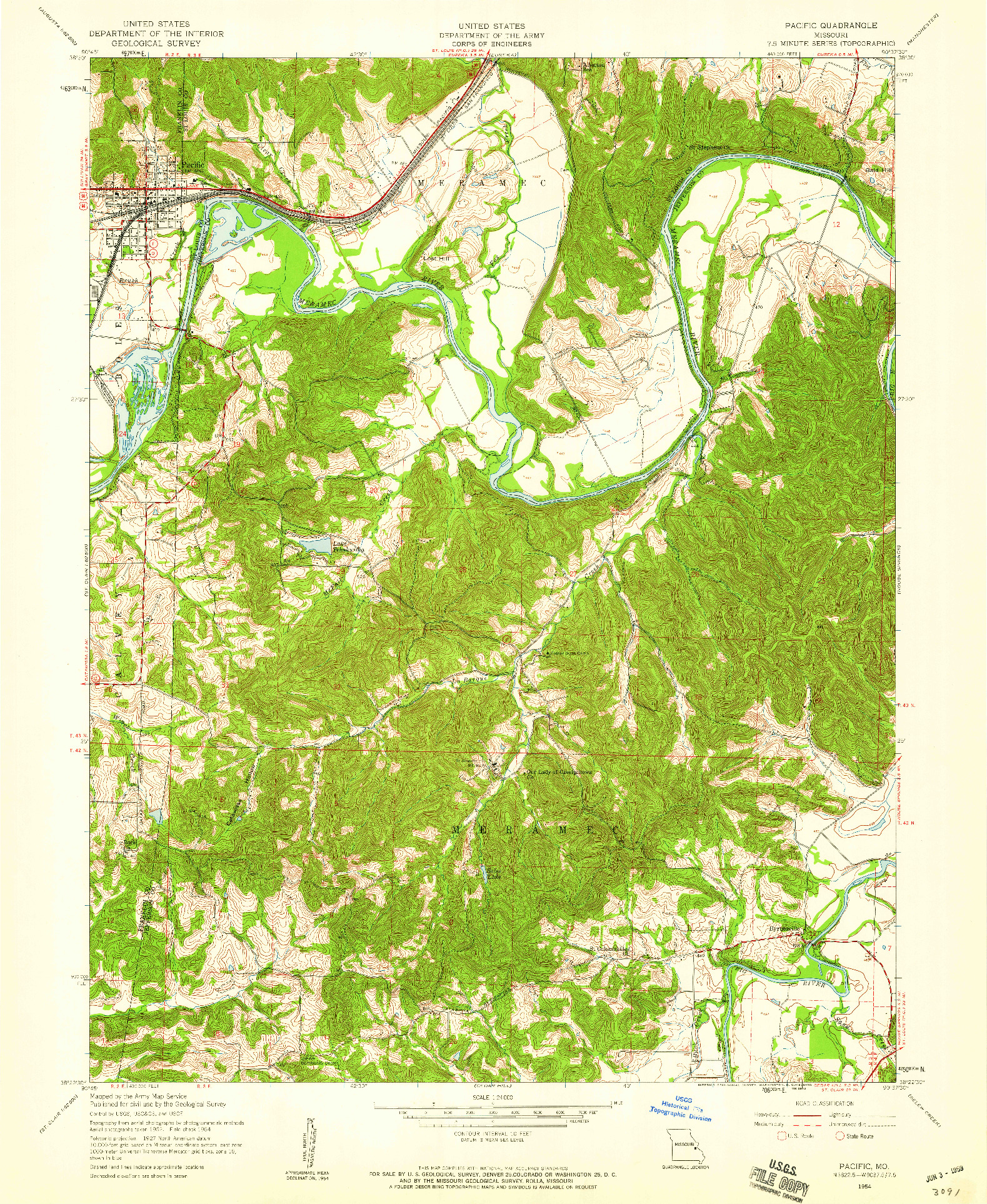 USGS 1:24000-SCALE QUADRANGLE FOR PACIFIC, MO 1954