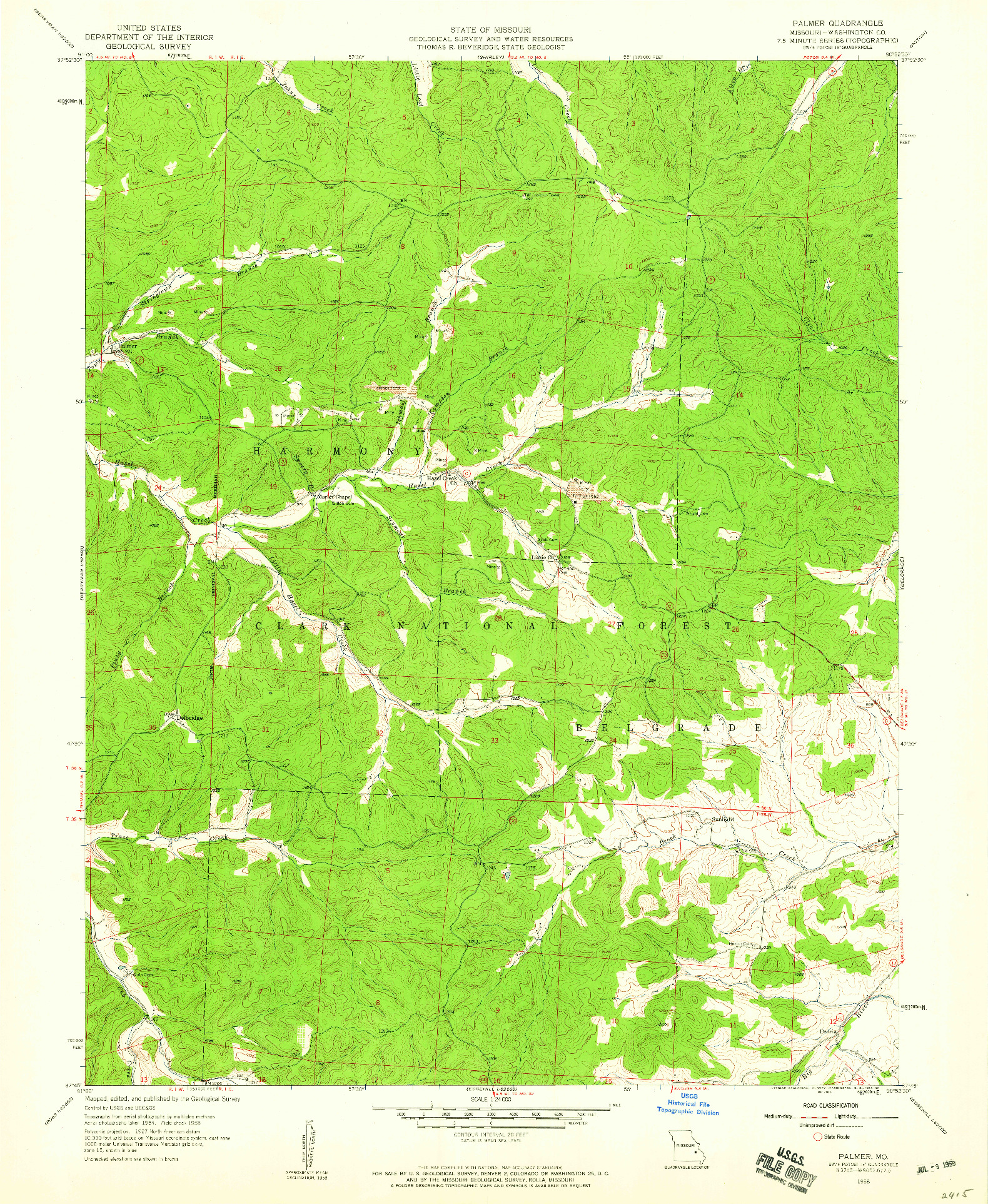 USGS 1:24000-SCALE QUADRANGLE FOR PALMER, MO 1958