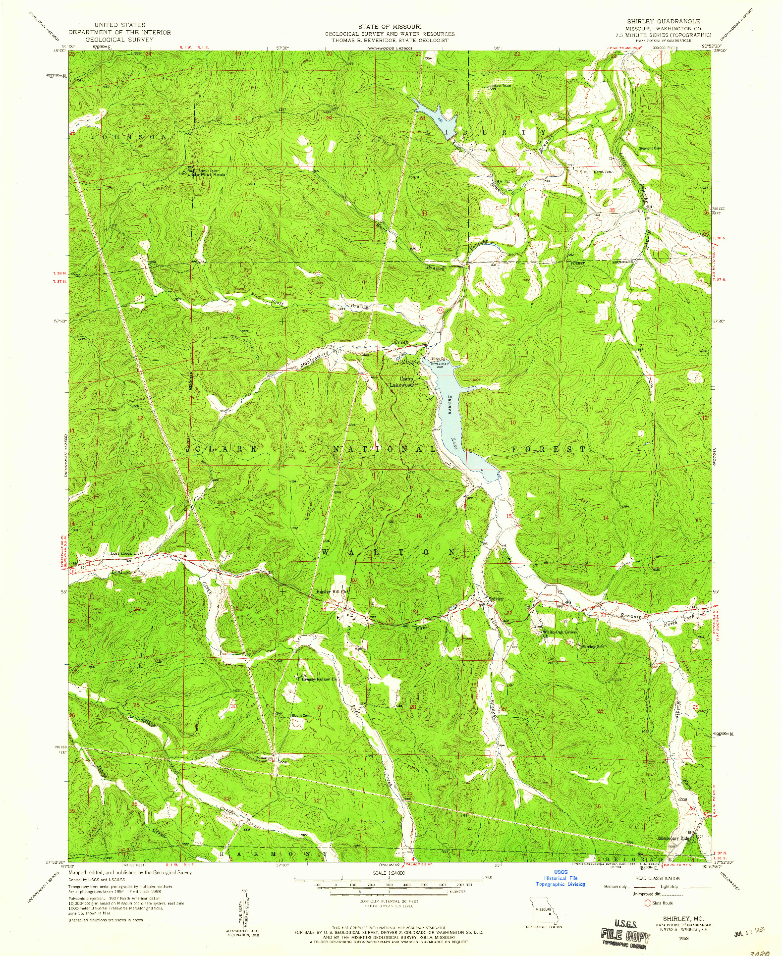 USGS 1:24000-SCALE QUADRANGLE FOR SHIRLEY, MO 1958