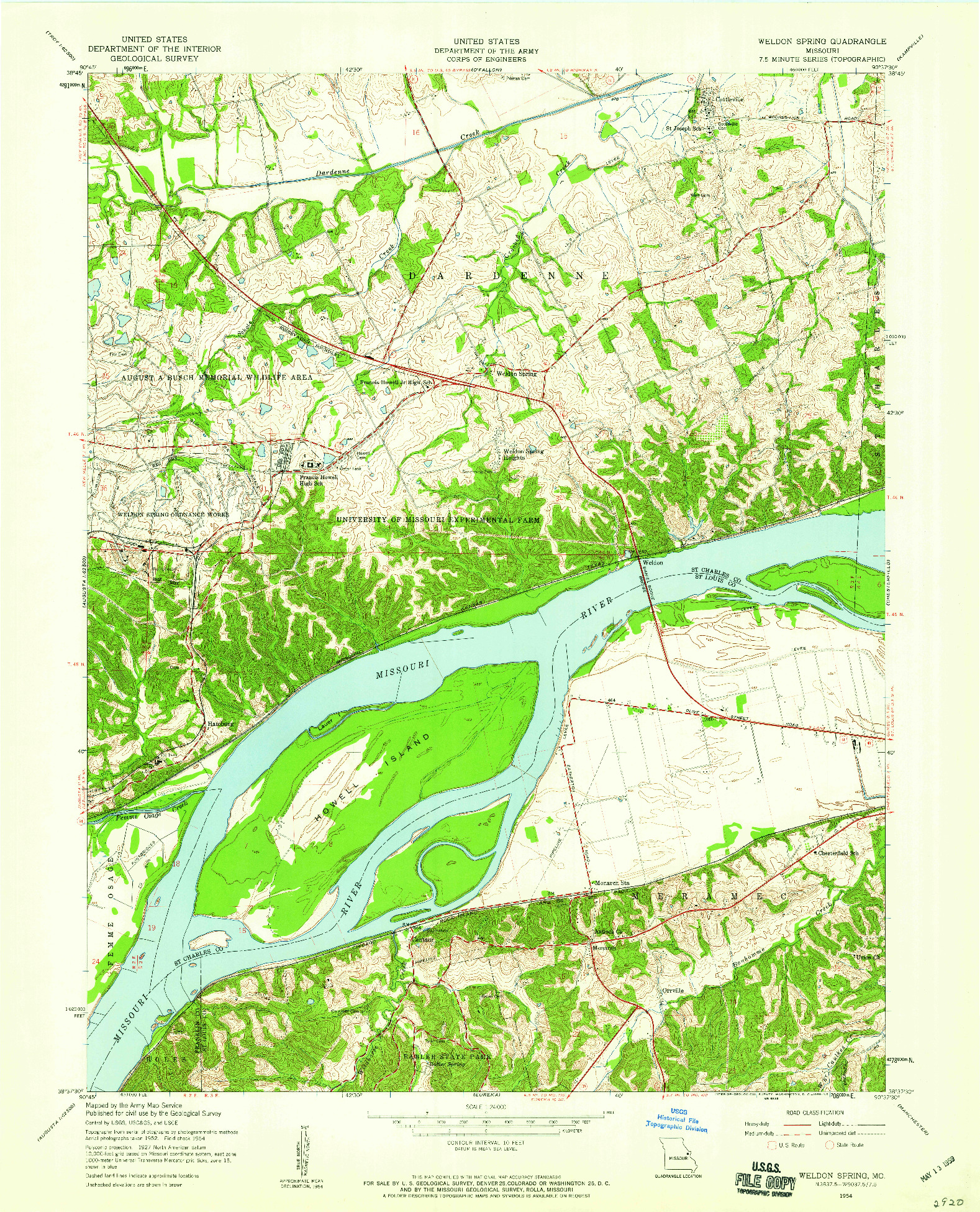 USGS 1:24000-SCALE QUADRANGLE FOR WELDON SPRING, MO 1954