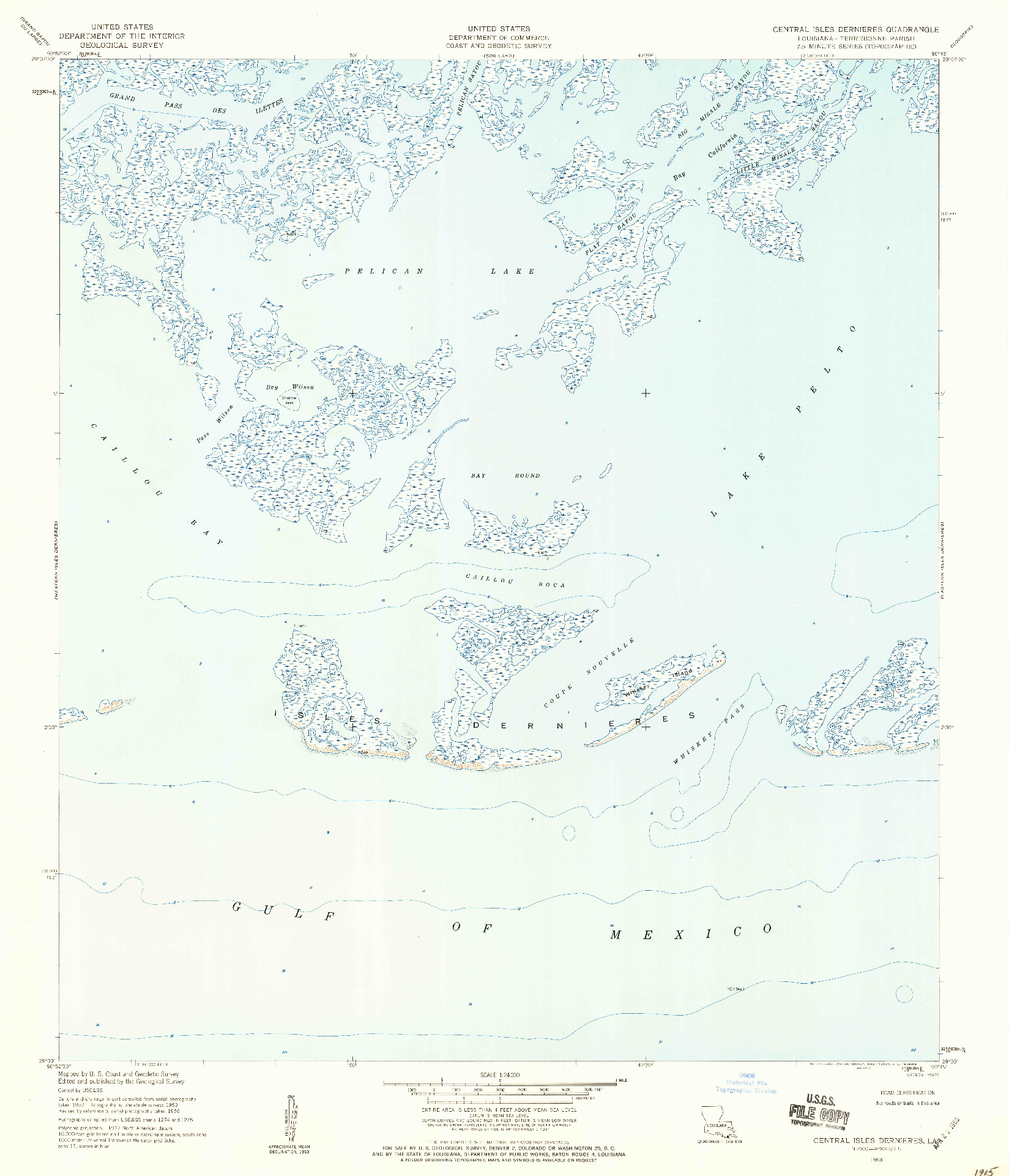 USGS 1:24000-SCALE QUADRANGLE FOR CENTRAL ISLES DERNIERES, LA 1953