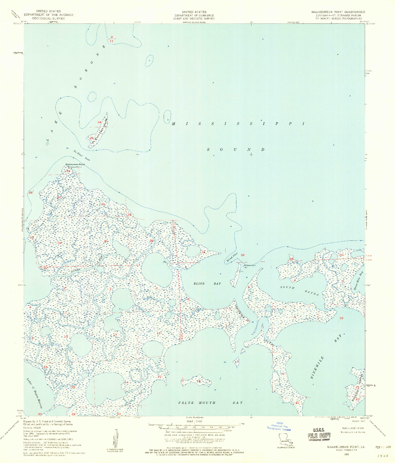 USGS 1:24000-SCALE QUADRANGLE FOR MALHEUREUX POINT, LA 1955