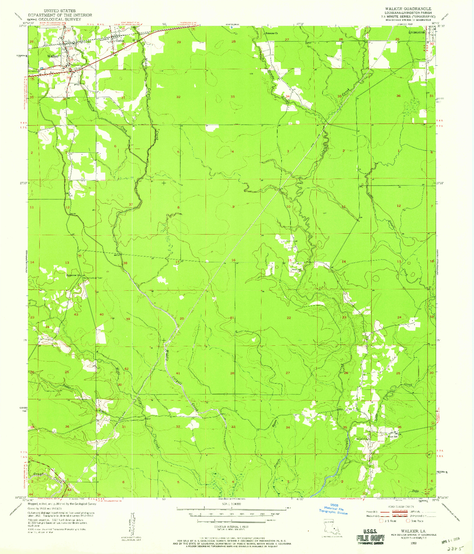 USGS 1:24000-SCALE QUADRANGLE FOR WALKER, LA 1953