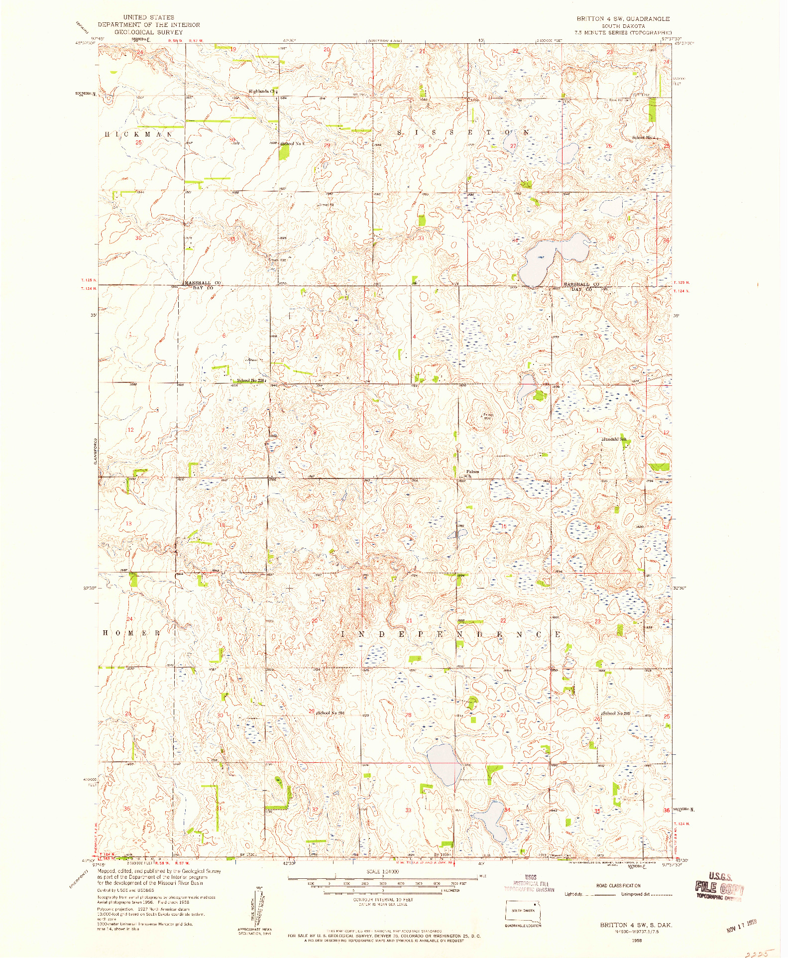 USGS 1:24000-SCALE QUADRANGLE FOR BRITTON 4 SW, SD 1958