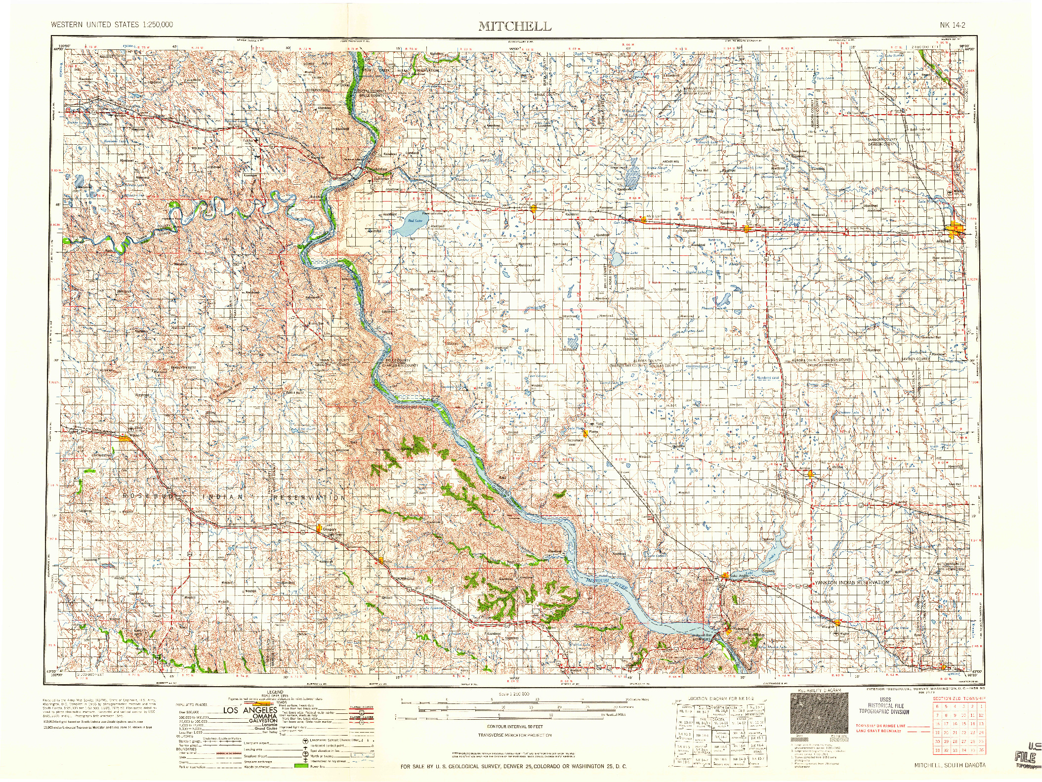 USGS 1:250000-SCALE QUADRANGLE FOR MITCHELL, SD 1959