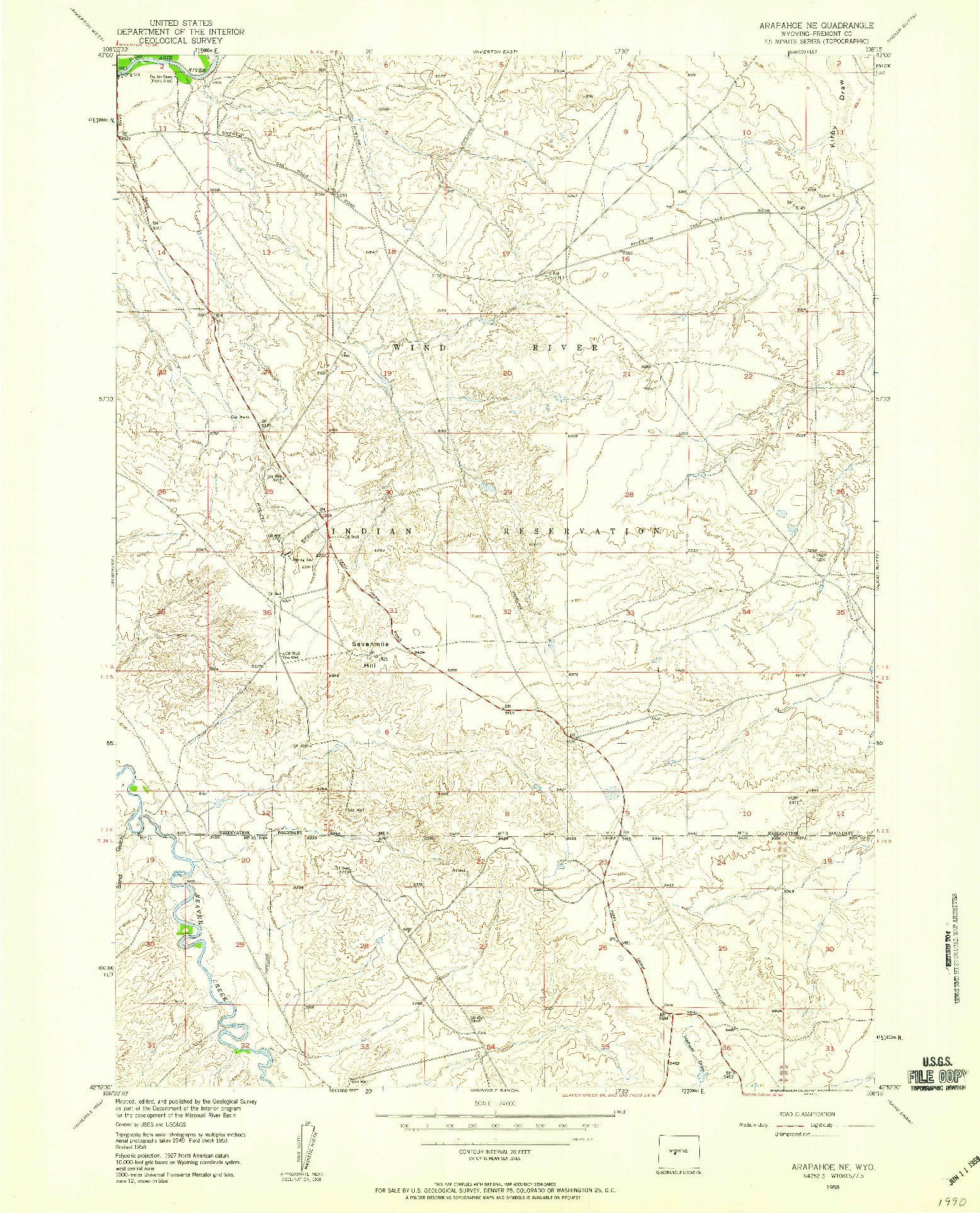 USGS 1:24000-SCALE QUADRANGLE FOR ARAPAHOE NE, WY 1958