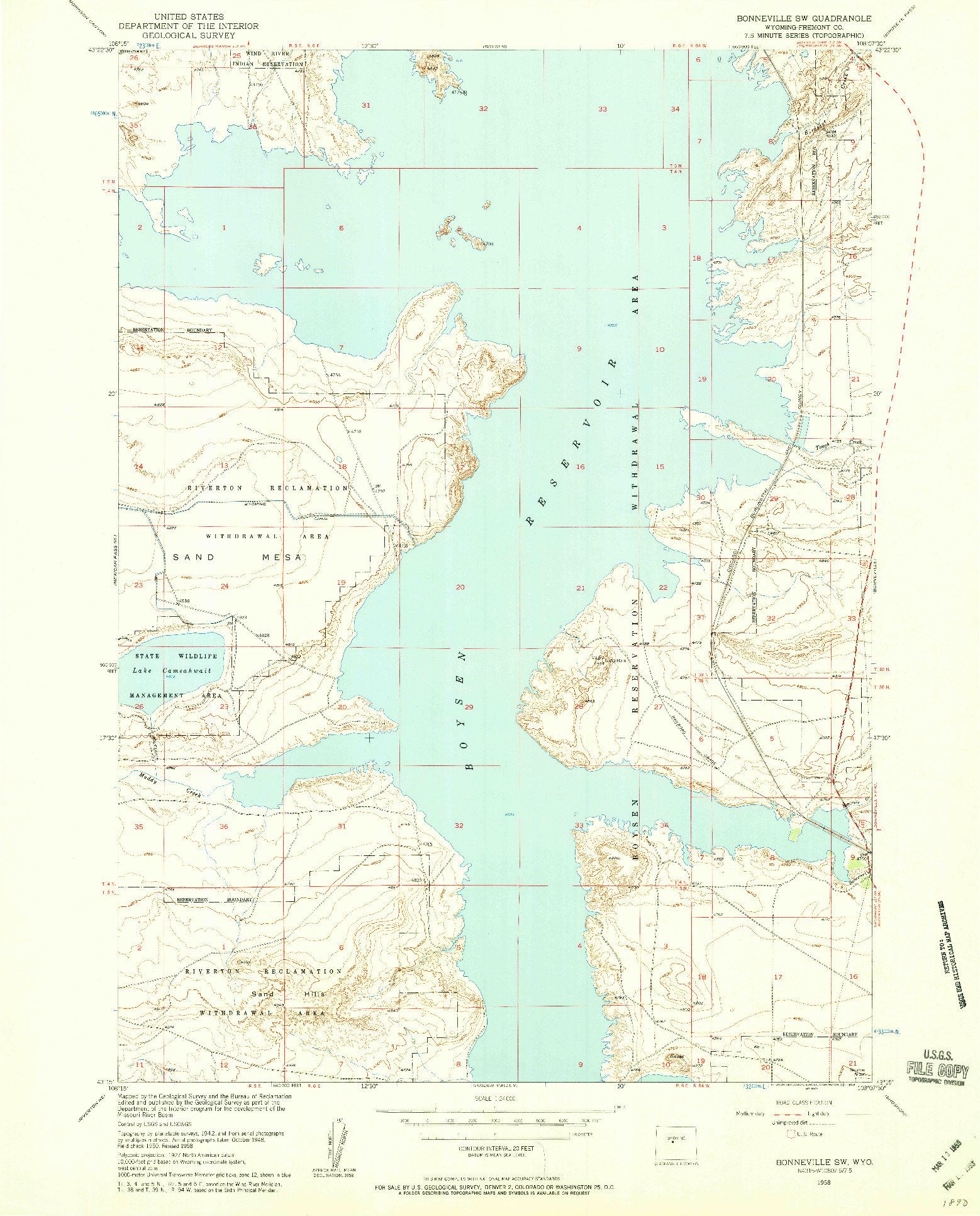 USGS 1:24000-SCALE QUADRANGLE FOR BONNEVILLE SW, WY 1958