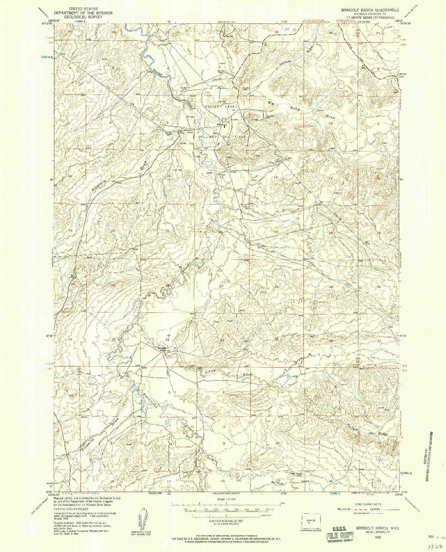 USGS 1:24000-SCALE QUADRANGLE FOR BRINGOLF RANCH, WY 1958