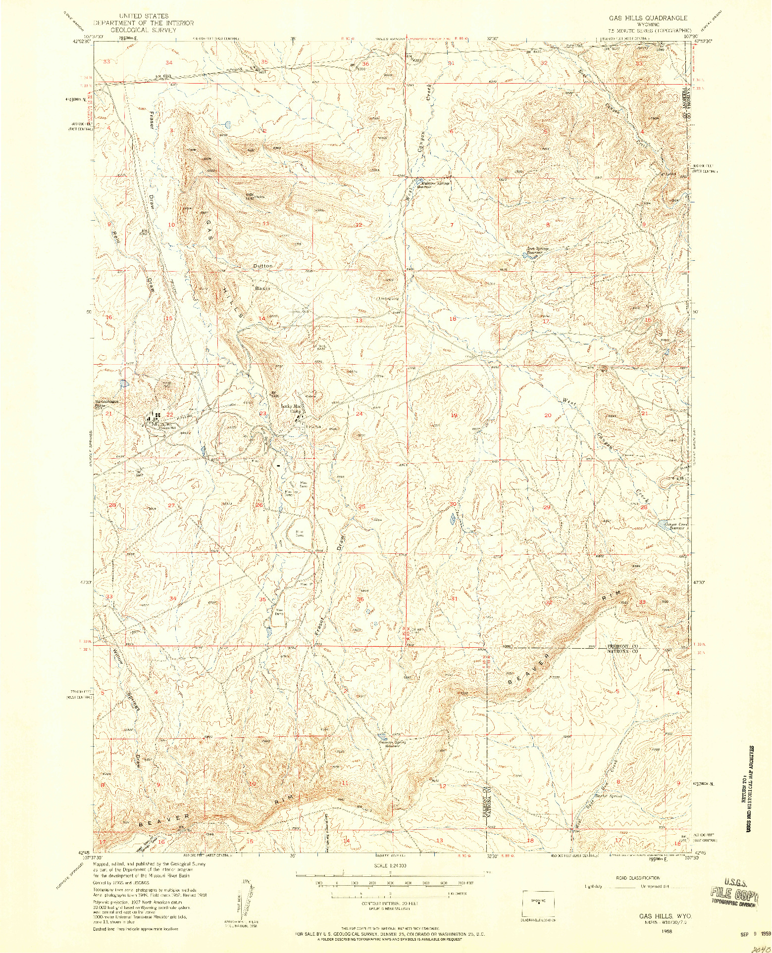 USGS 1:24000-SCALE QUADRANGLE FOR GAS HILLS, WY 1958