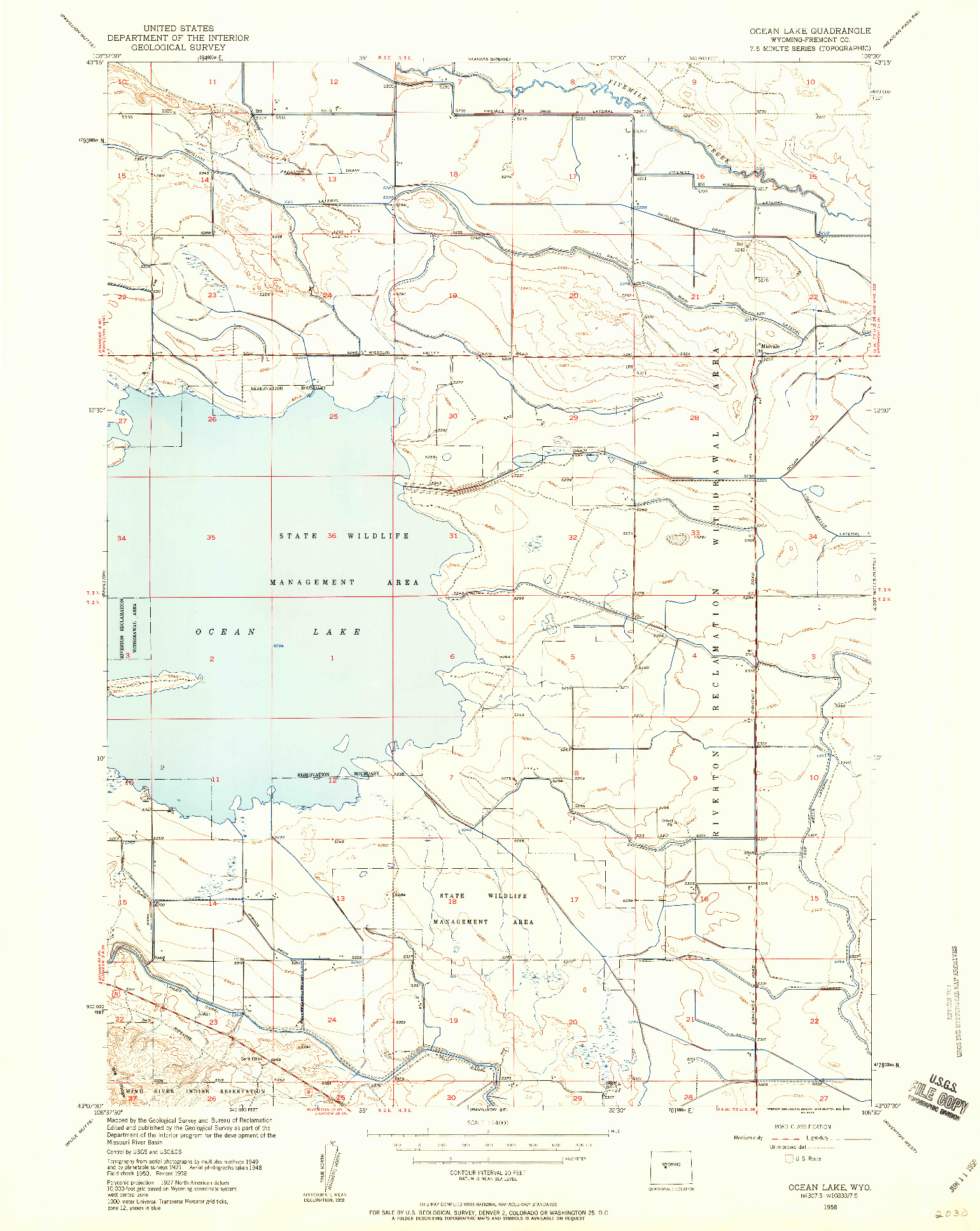 USGS 1:24000-SCALE QUADRANGLE FOR OCEAN LAKE, WY 1958